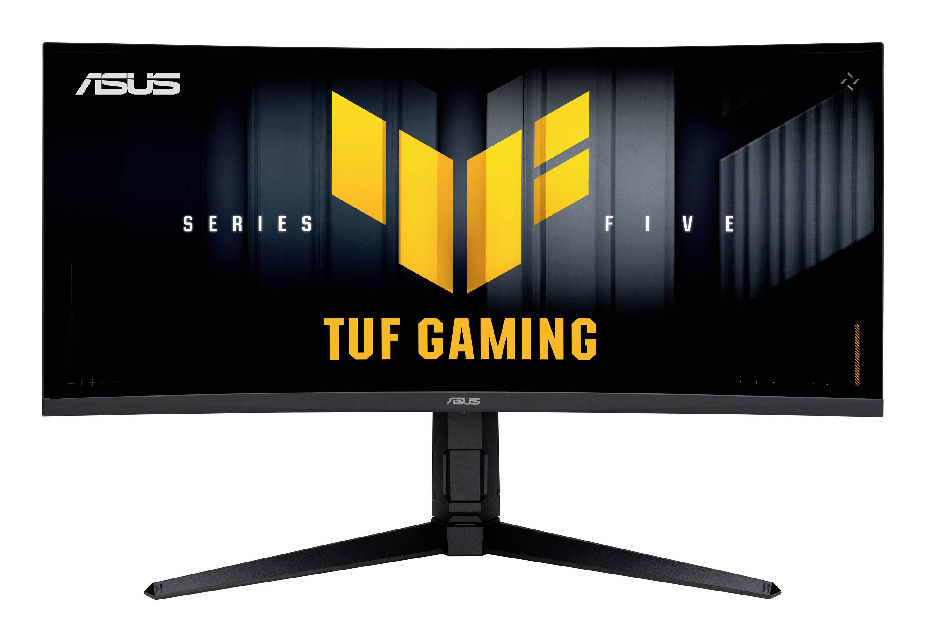 ASUS TUF Gaming Serie Curved Monitor auf einem Ständer, der das Markenlogo und das gelbe TUF-Emblem auf einem schwarzen Bildschirm zeigt.