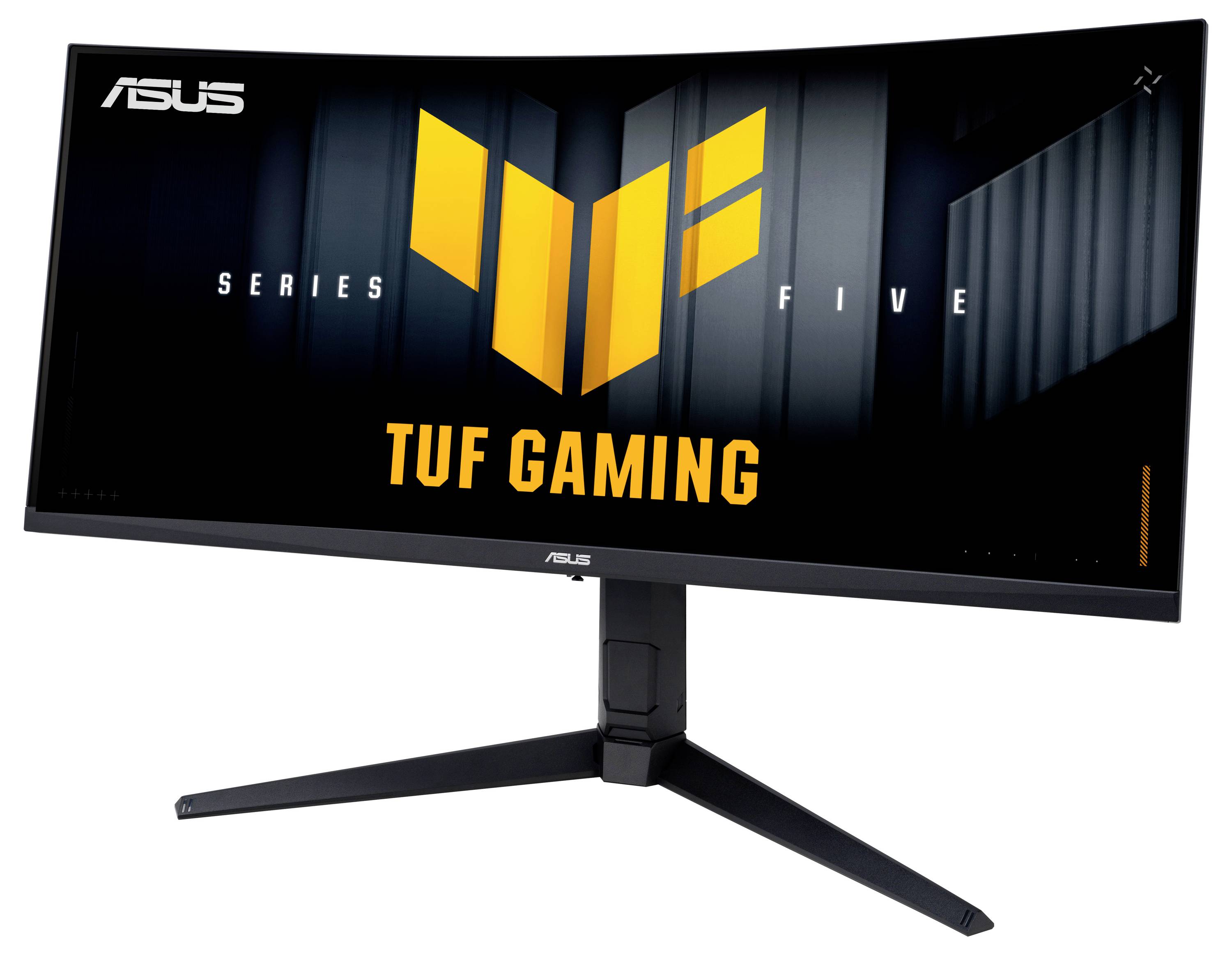 ASUS TUF Gaming Serie Fünf Breitbildmonitor auf einem Ständer, zeigt einen schwarzen Bildschirm mit gelbem TUF-Logo und 
