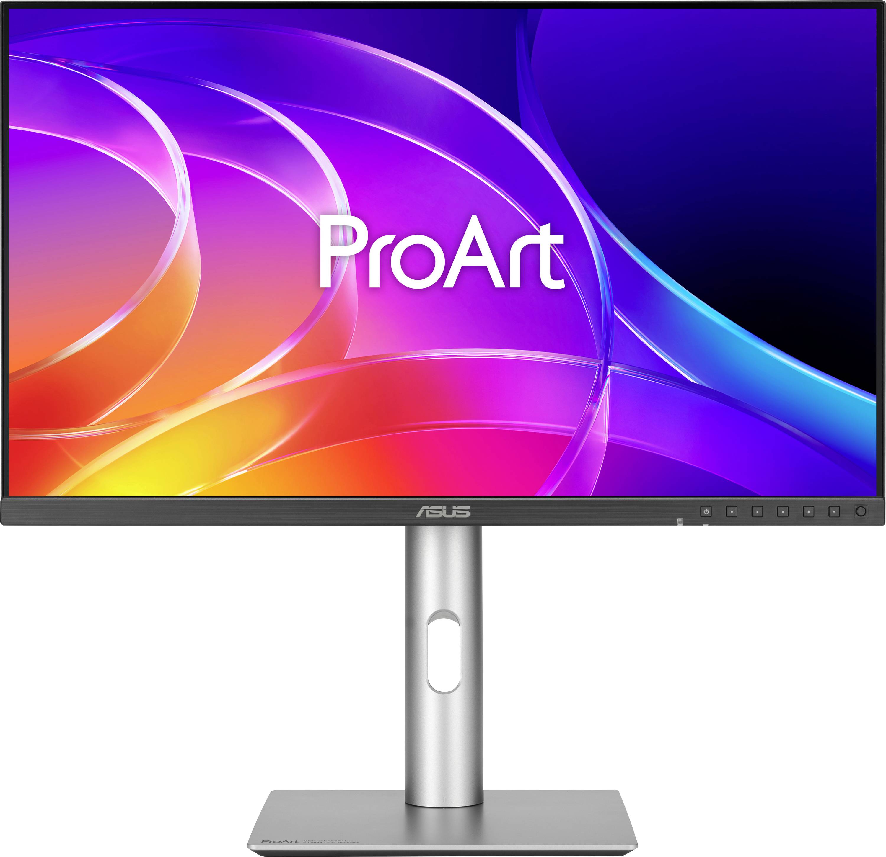ASUS ProArt Monitor auf einem Ständer, der einen farbenfrohen abstrakten Farbverlauf mit 