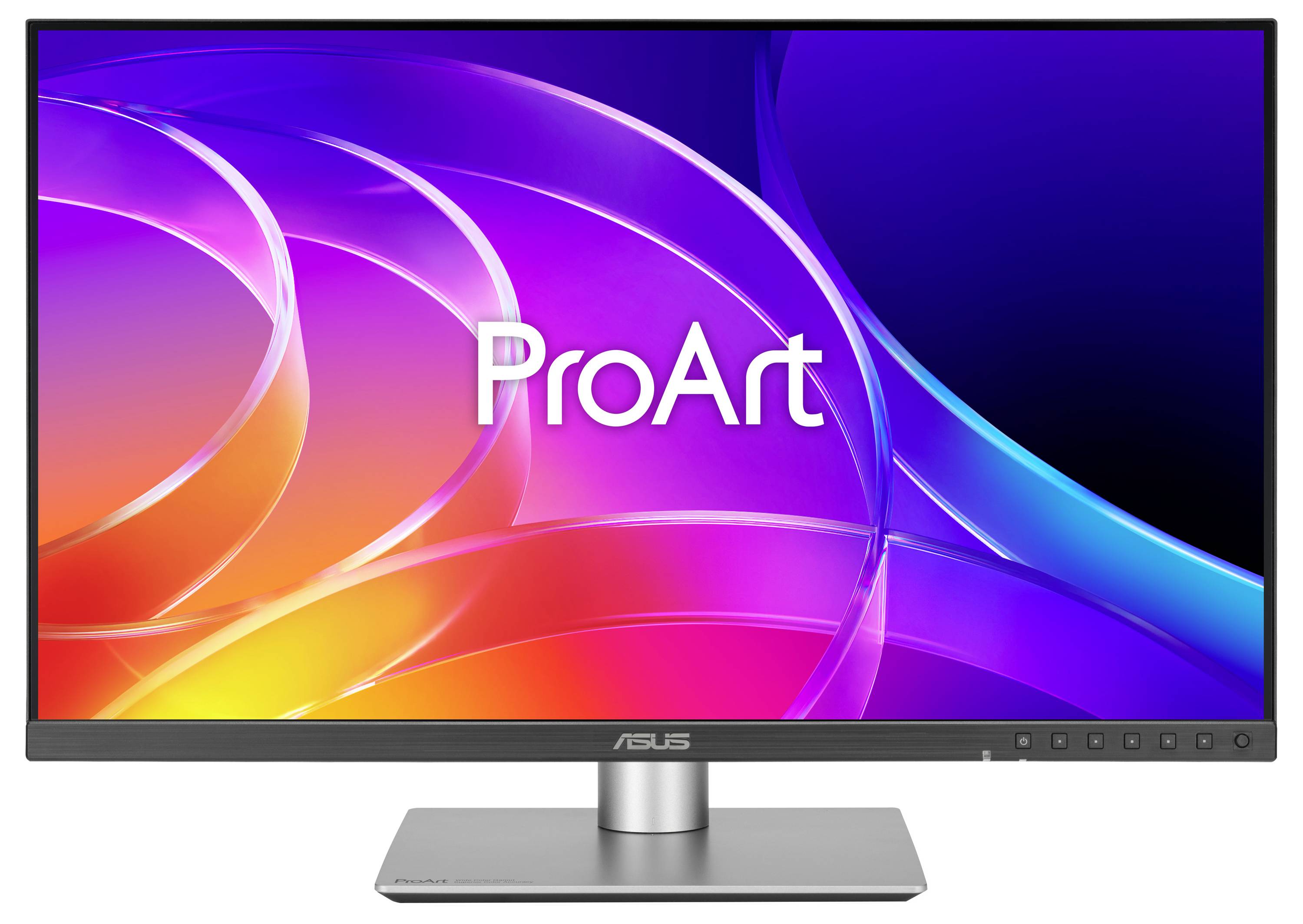 ASUS ProArt-Monitor zeigt ein farbenfrohes abstraktes Wirbelwallpaper auf weißem Hintergrund.