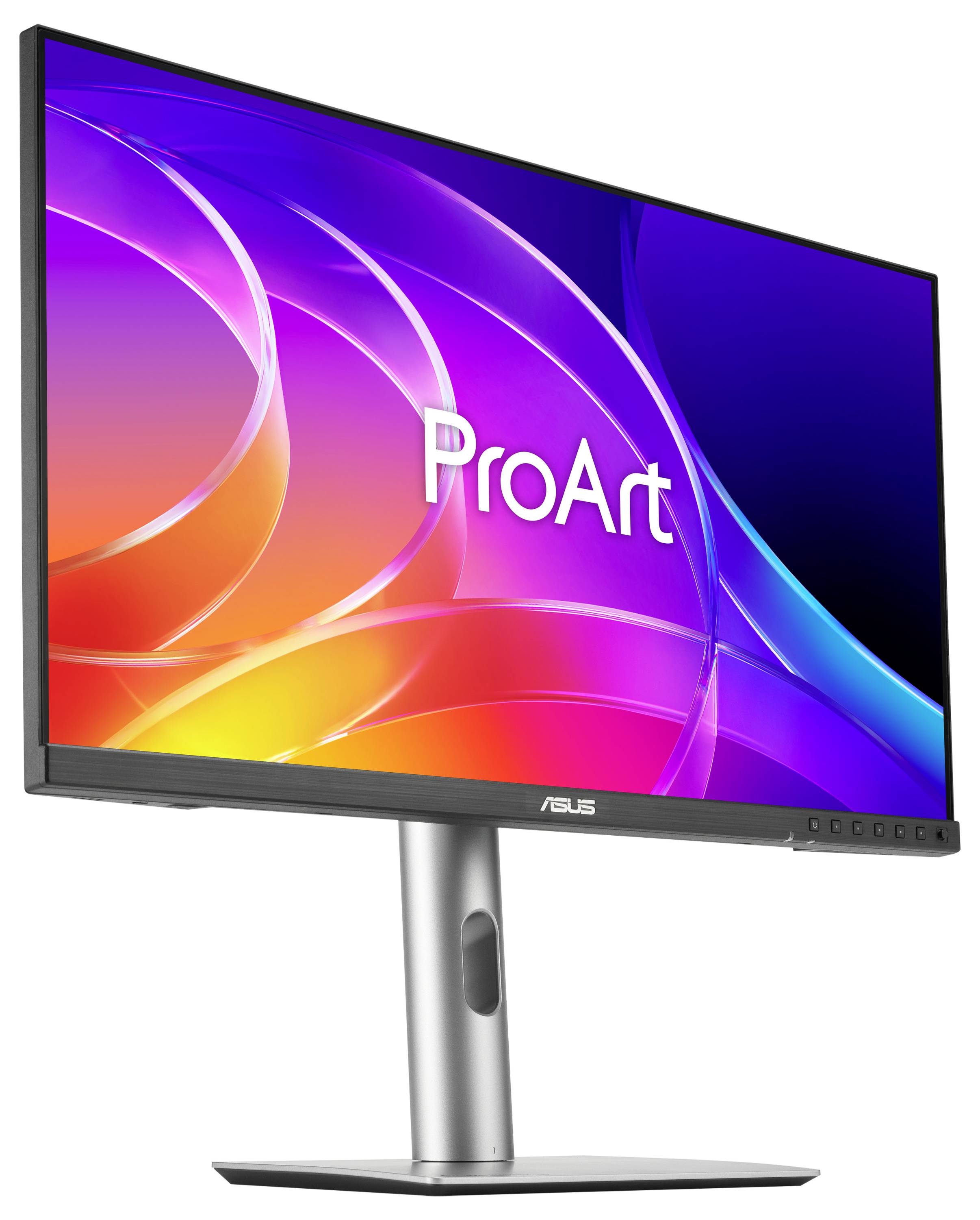 ASUS ProArt Monitor mit farbenfroher abstrakter Anzeige auf silbernem Ständer vor weißem Hintergrund.