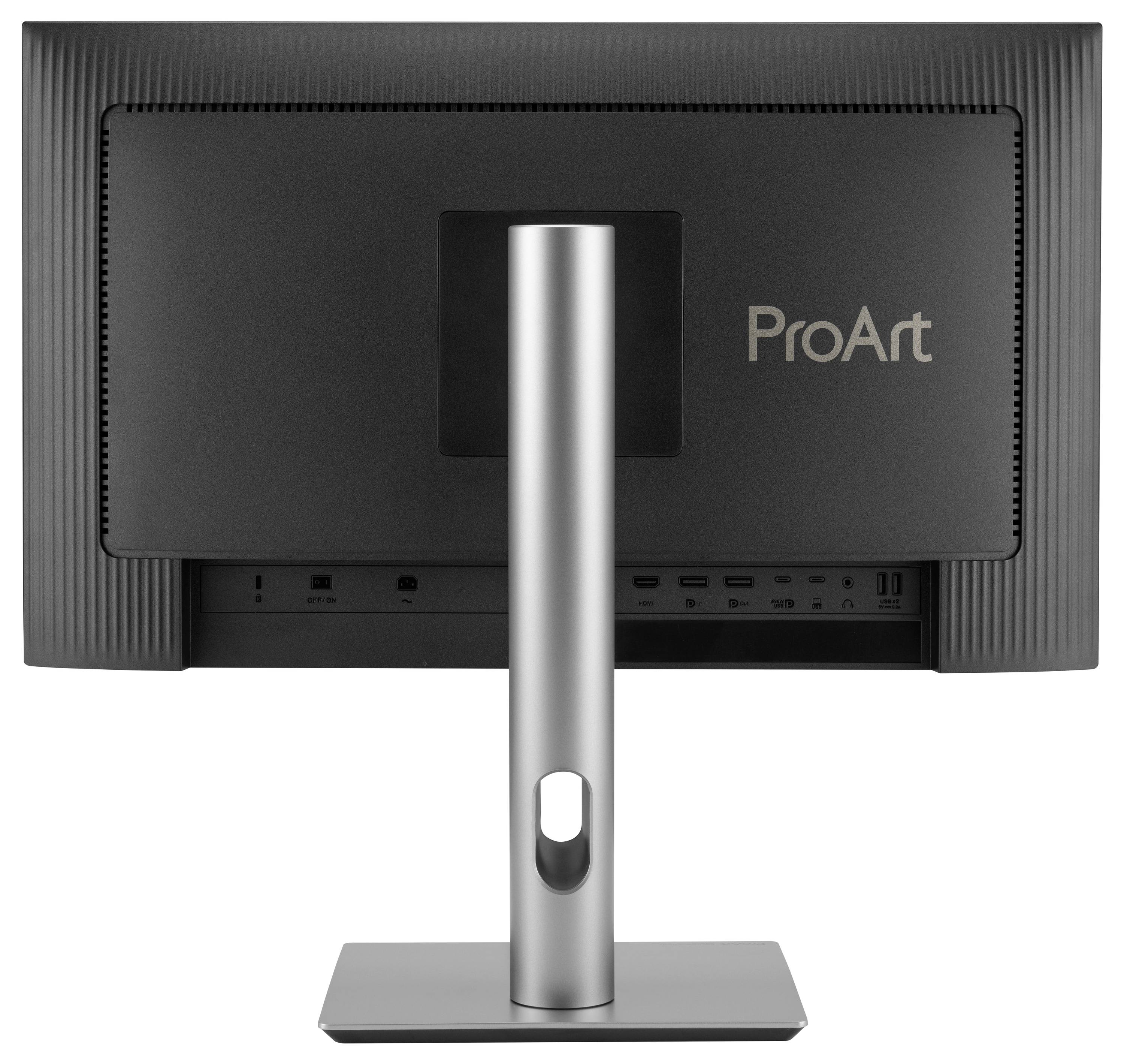 ASUS ProArt OLED-Monitor in Vorderansicht mit Farbverlauf-Bildschirm und haube naartigen Seitenpaneelen auf weißem Hintergrund