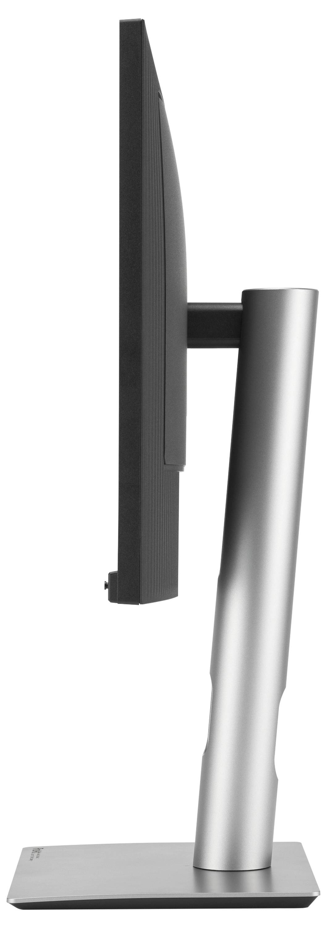 Seitenansicht eines schwarzen Desktop-Monitors auf einem breiten V-förmigen Ständer, der ein verstellbares hinteres Scharnier und ein schlankes Profil zeigt.