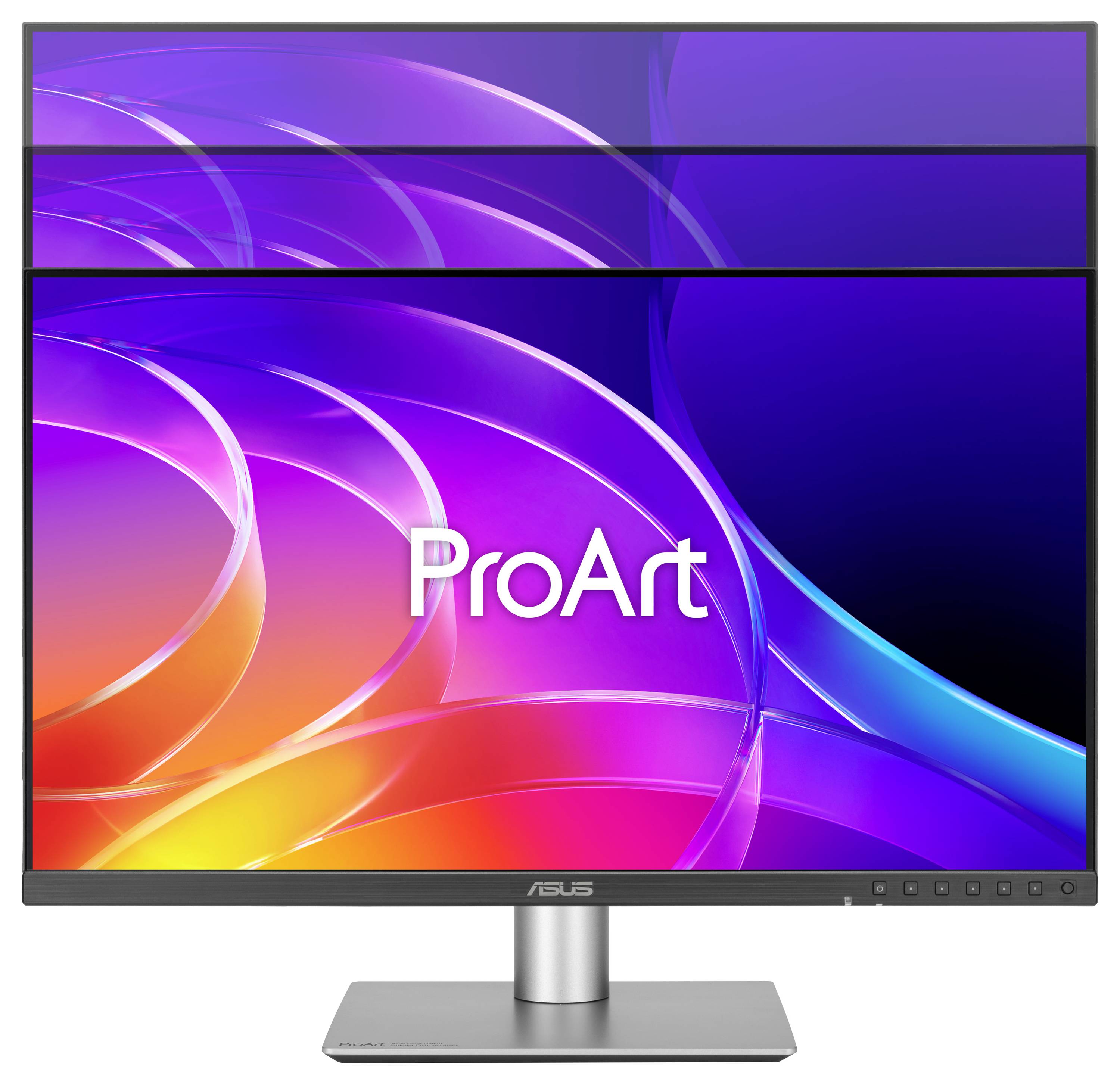 ASUS ProArt Monitor zeigt ein farbenfrohe abstrakte Farbverlaufstapete an, mit dem ProArt Logo in der Mitte des Bildschirms.