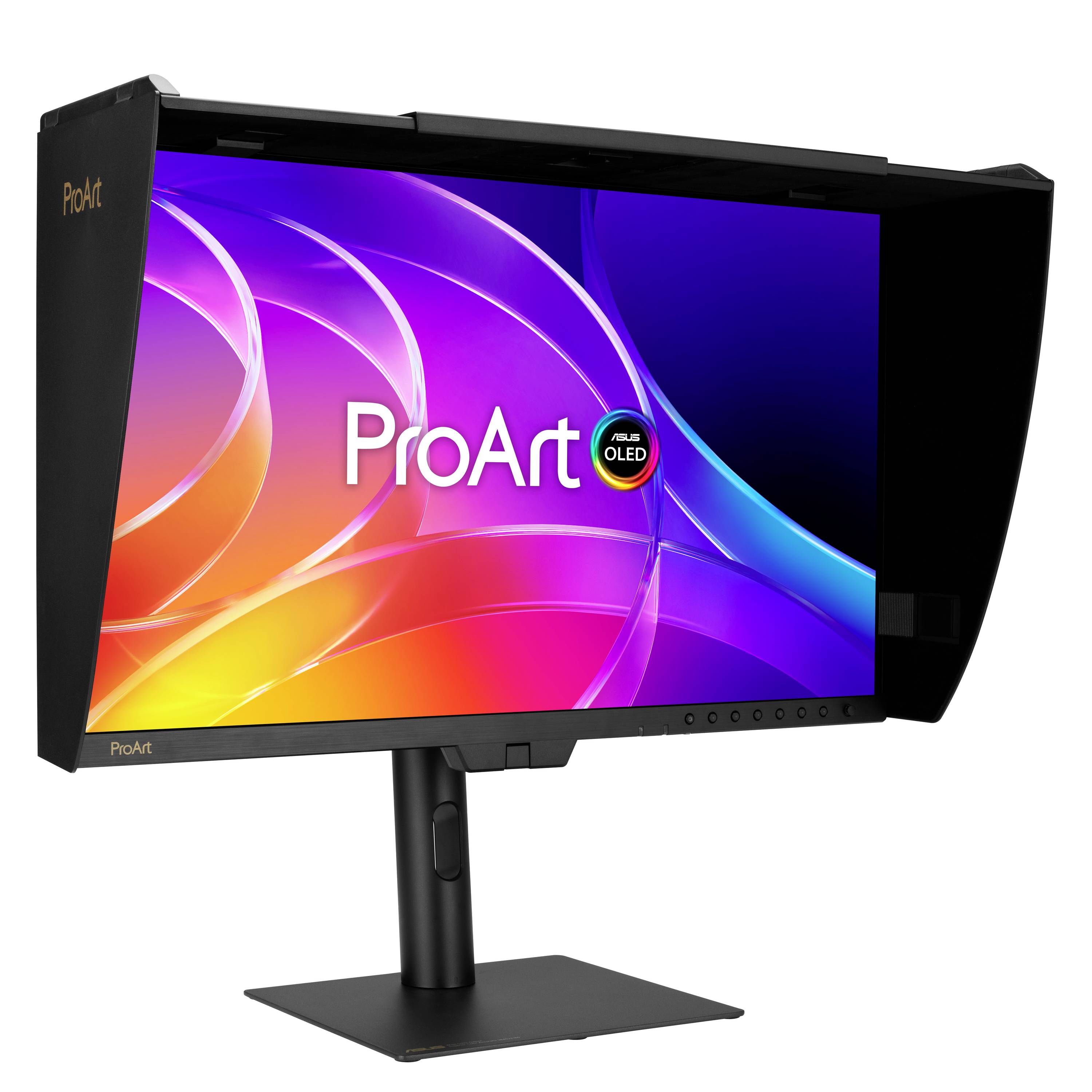 ASUS ProArt OLED-Monitor auf einem Ständer mit farbenfrohem abstraktem Bildschirm und seitlicher Blendschutzhaube zur Blendkontrolle.