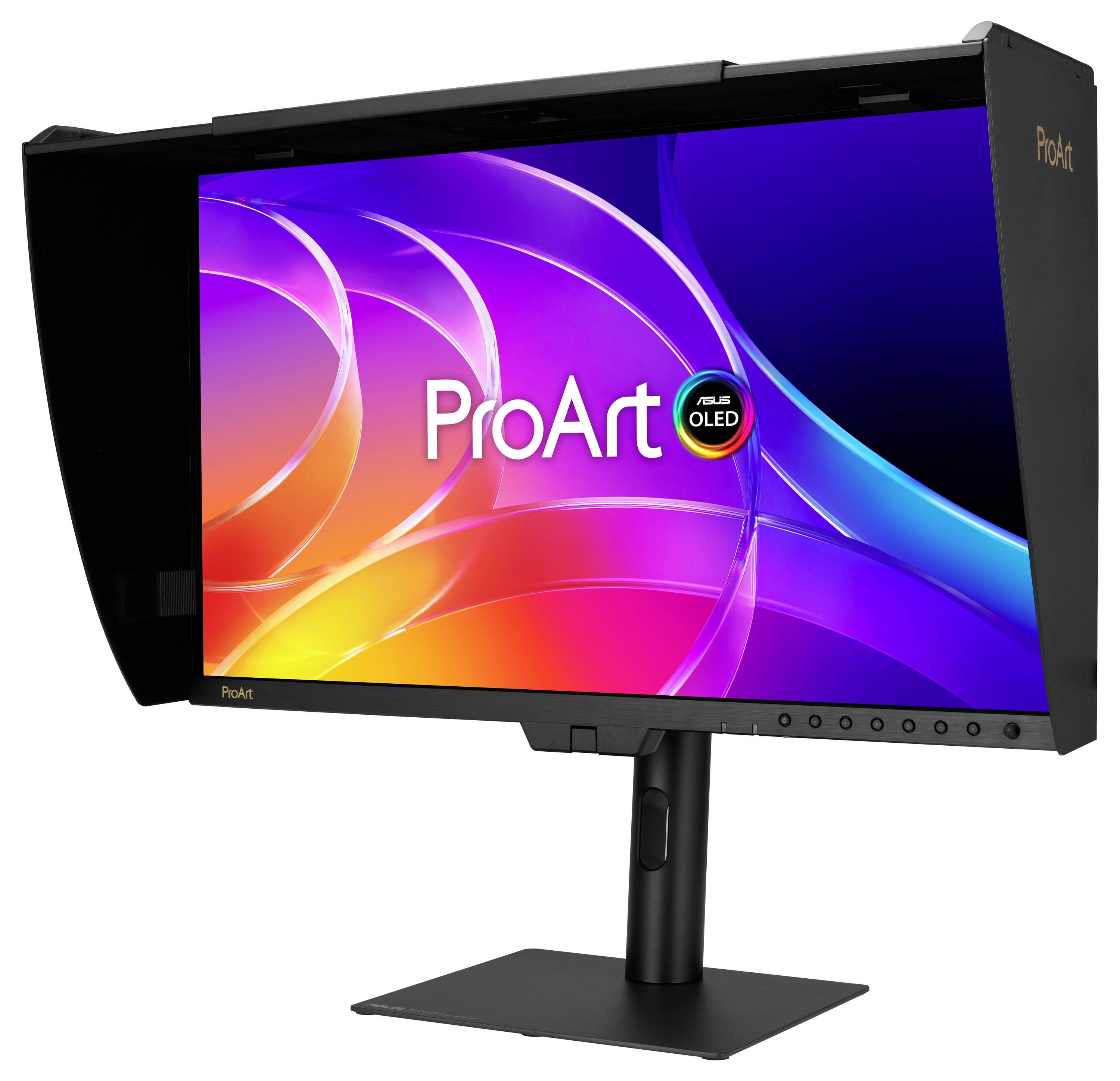Schwarzer ASUS ProArt OLED-Monitor auf Standfuß, der einen farbenfrohen abstrakten Farbverlauf mit 