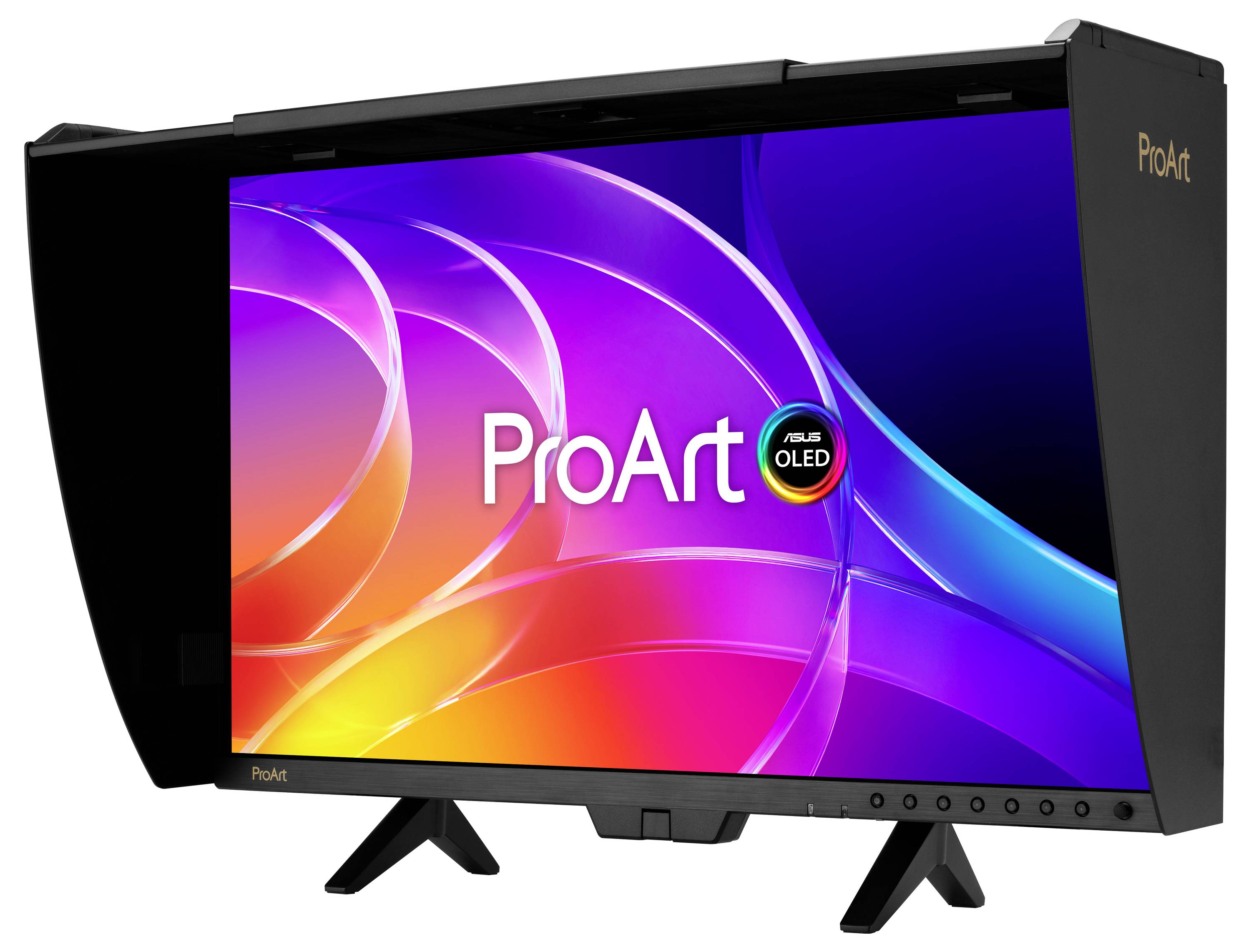 ASUS ProArt OLED-Monitor mit lebendiger farbenfroher abstrakter Anzeige, schwarzem Rand und Ständer, gezeigt in einer angewinkelten Produktansicht.