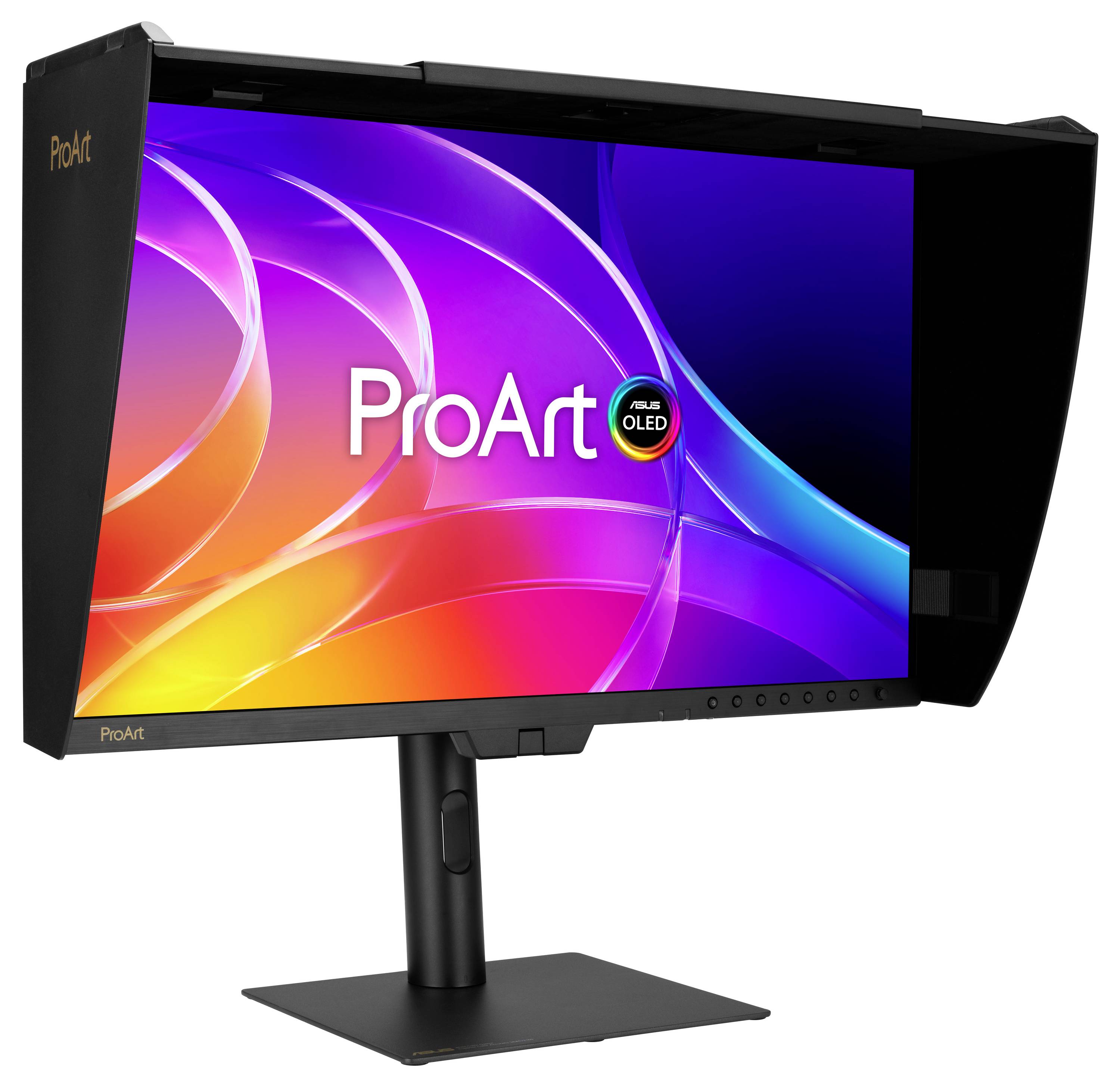 ASUS ProArt OLED-Monitor mit schwarzer Haube und Ständer, der ein farbenfrohen abstrakten Display und das „ProArt