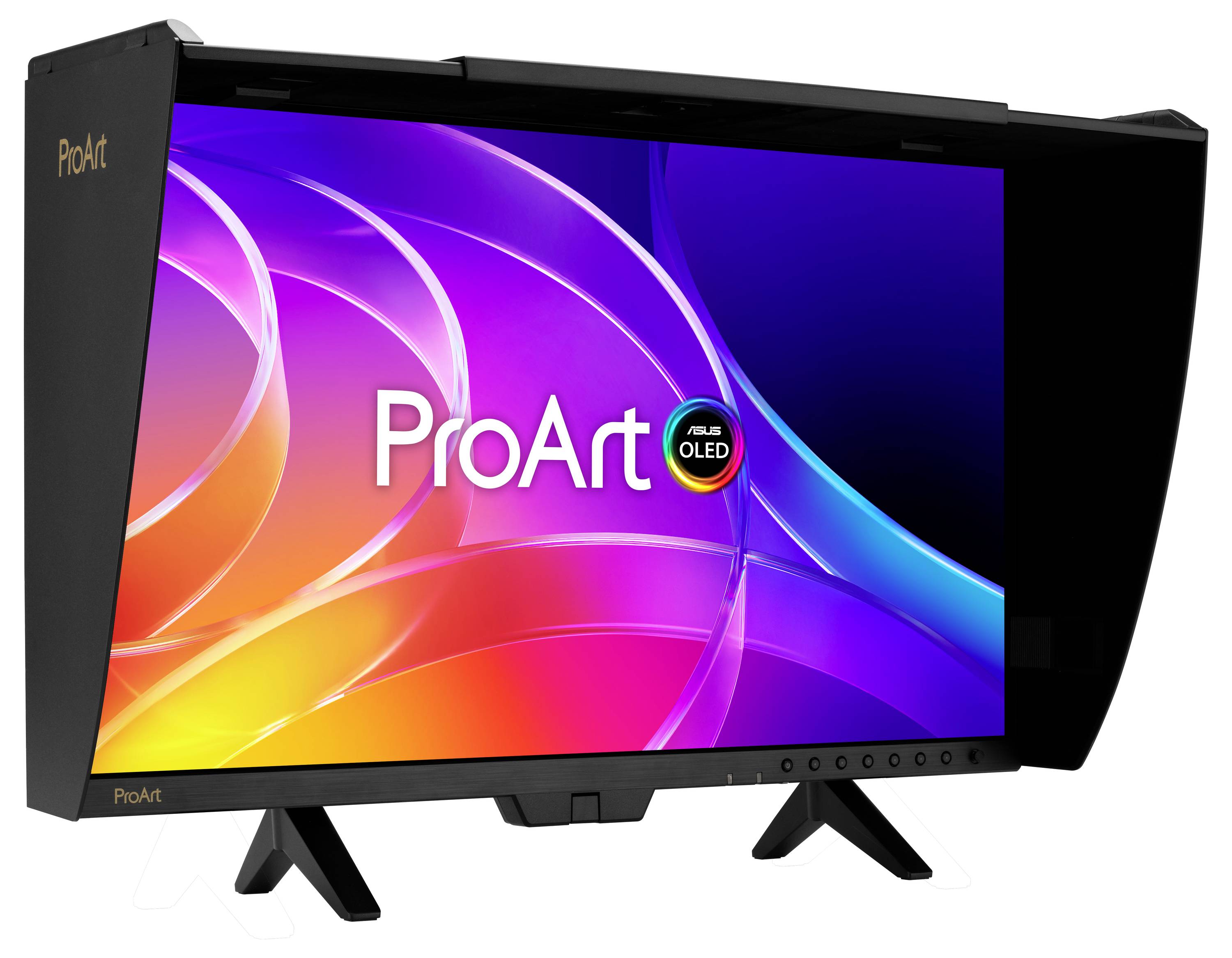 ASUS ProArt OLED-Monitor mit farbenfroher abstrakter Anzeige und Logo, frontal auf einem Ständer gezeigt.