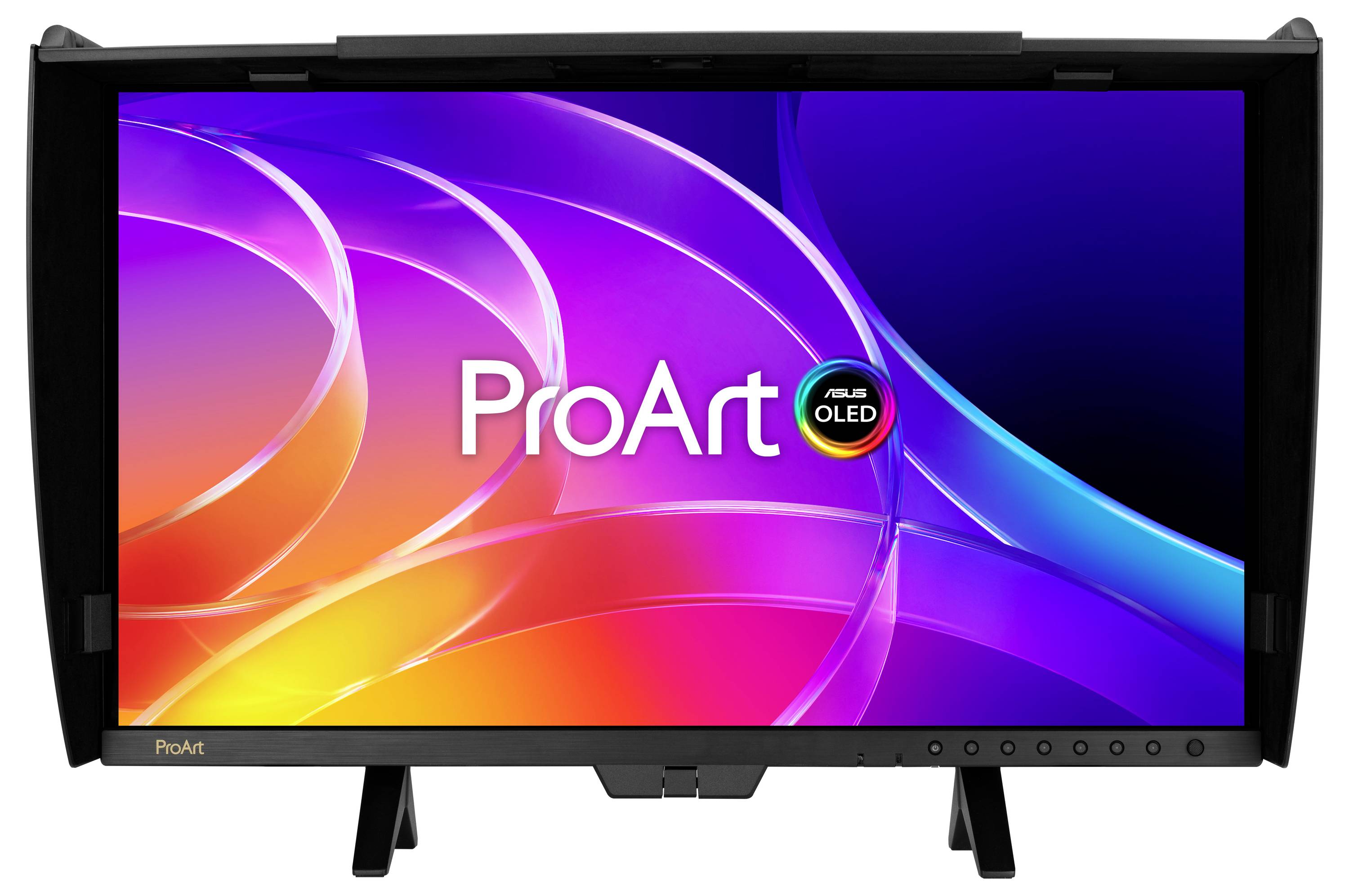 ASUS ProArt OLED-Monitor mit farbenfroher abstrakter Verlaufanzeige und Logo, dargestellt in Vorderansicht auf dem Ständer.