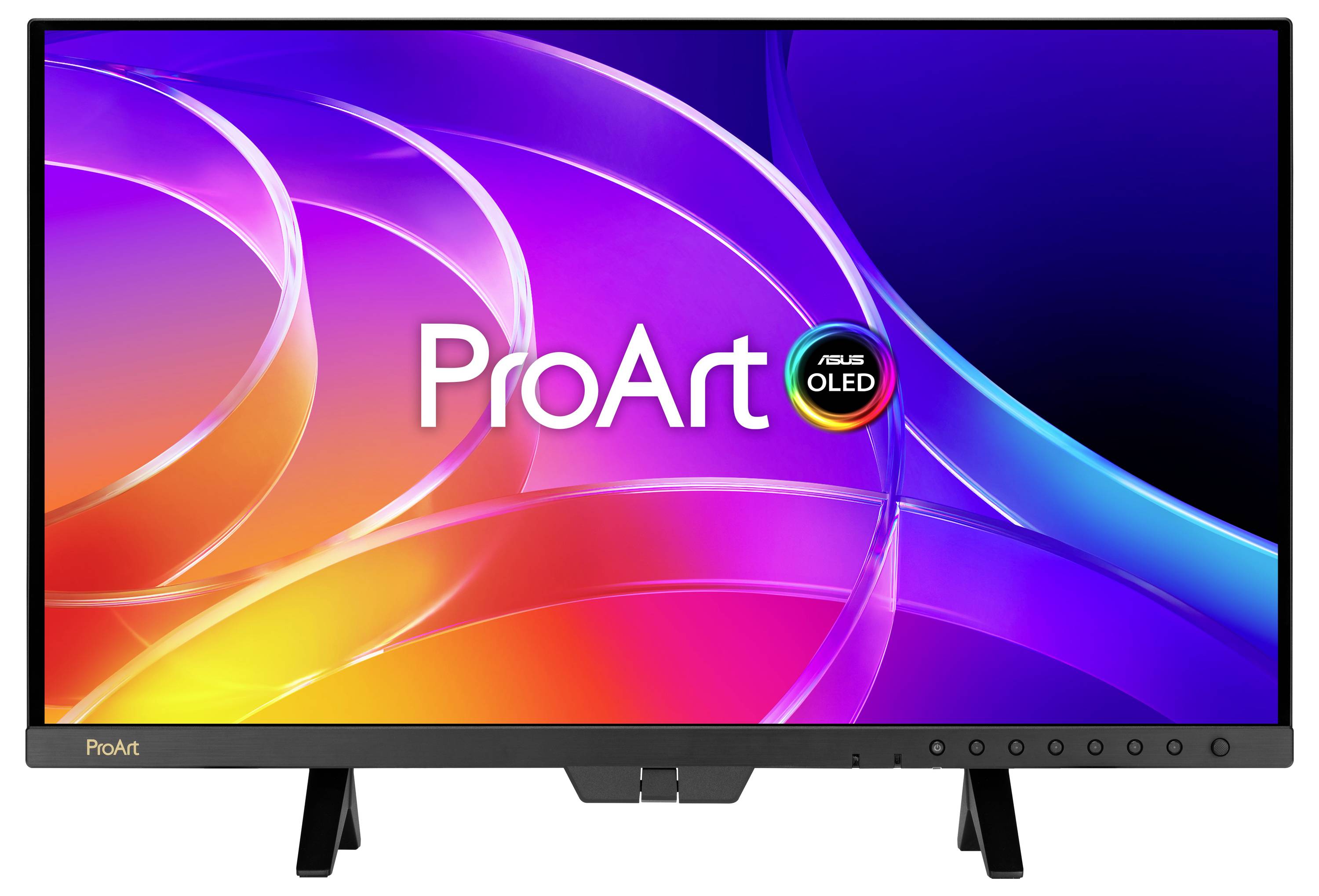 Ein ASUS ProArt OLED-Monitor mit einem farbenfrohen abstrakten Gradient-Wallpaper, dem ProArt-Logo auf dem Bildschirm und Branding auf der Blende.