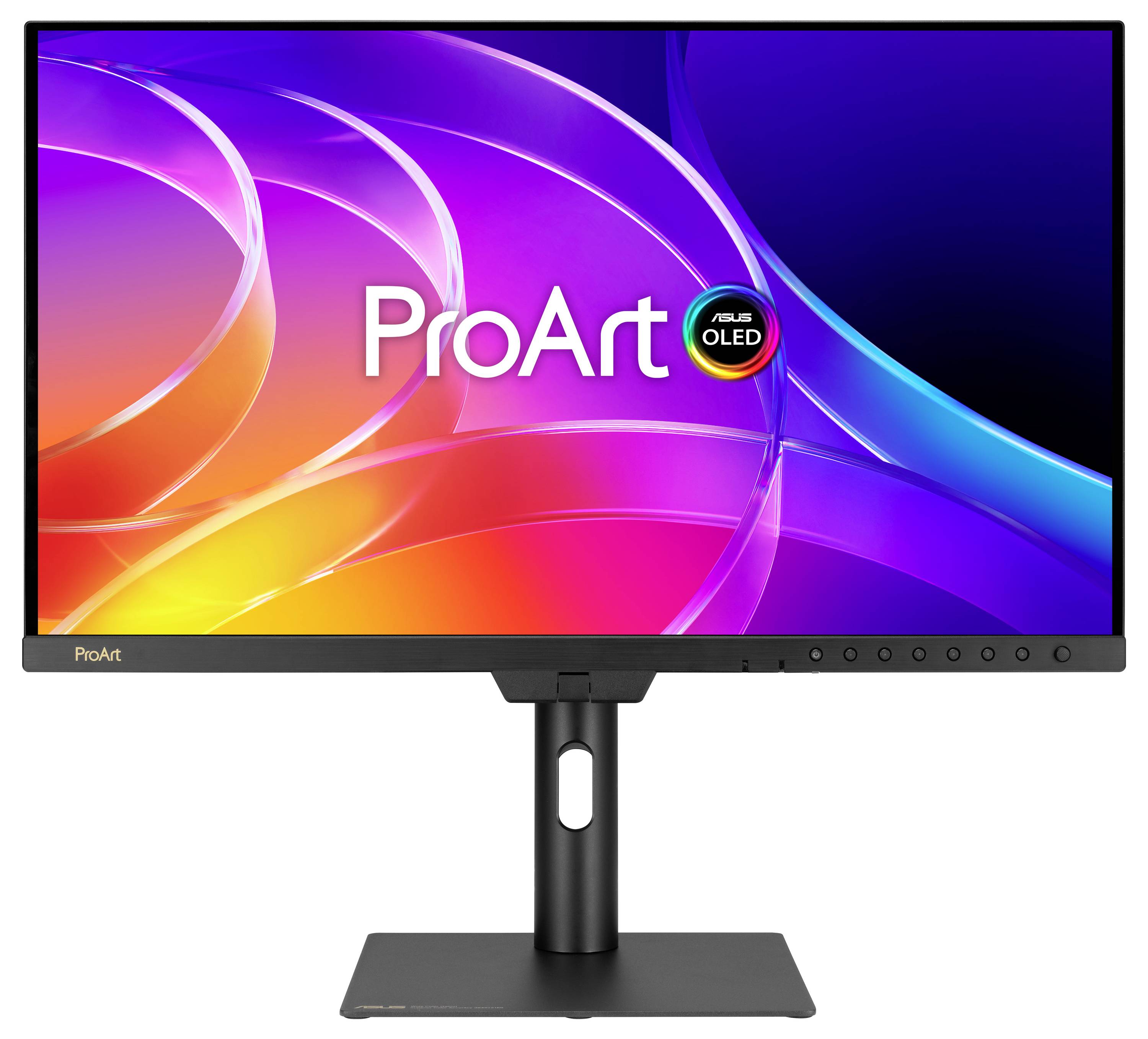 ASUS ProArt OLED-Monitor auf einem Ständer, der eine farbenfrohe abstrakte Anzeige mit dem Text „ProArt
