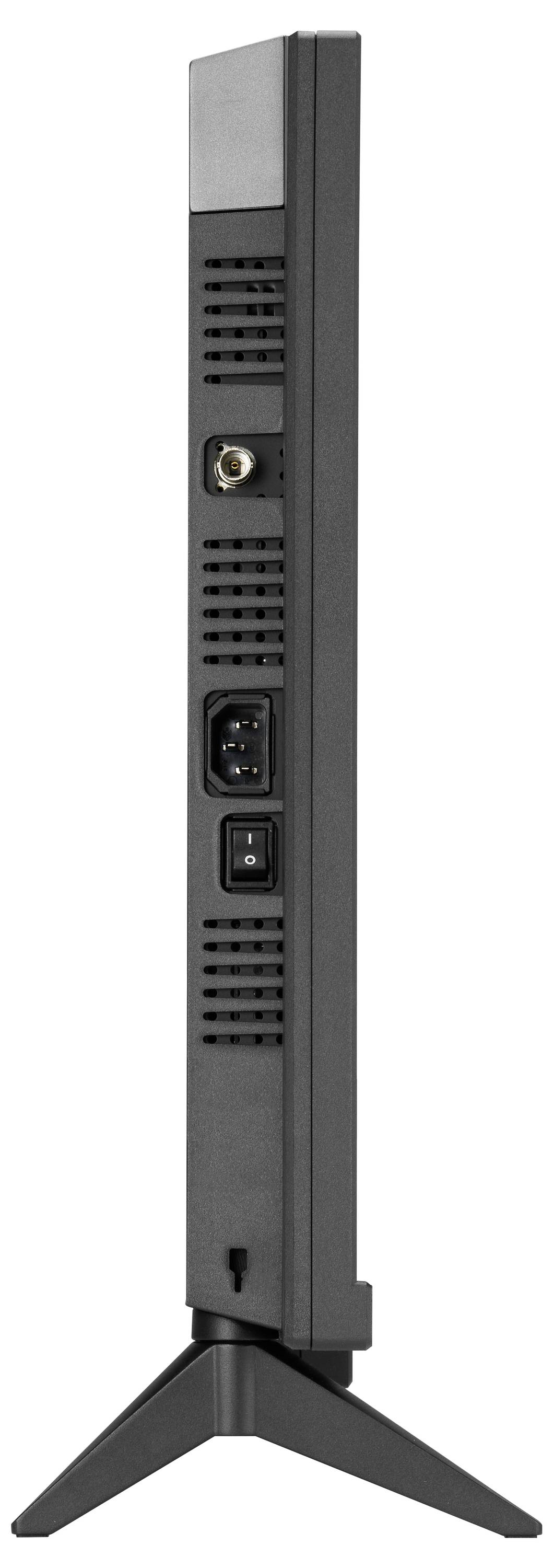 Ein schlanker schwarzer Monitor-Ständer oder Display-Rückenpanel auf einer Stativbasis, mit Belüftungsschlitzen, einem Stromstecker und einem Ein-/Ausschalter.