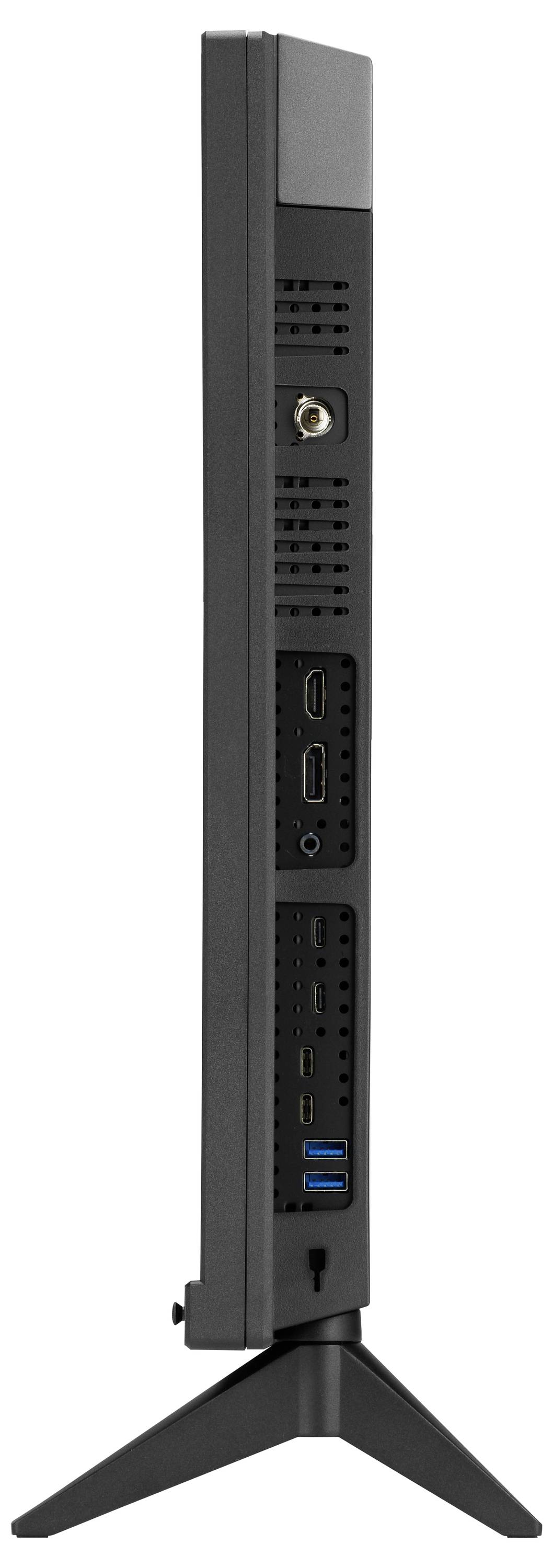 Seitenansicht eines schlanken schwarzen Monitors oder Mini-PCs auf einem V-förmigen Ständer, der Rückseitenanschlüsse zeigt, einschließlich HDMI, USB und einer Koaxialbuchse.