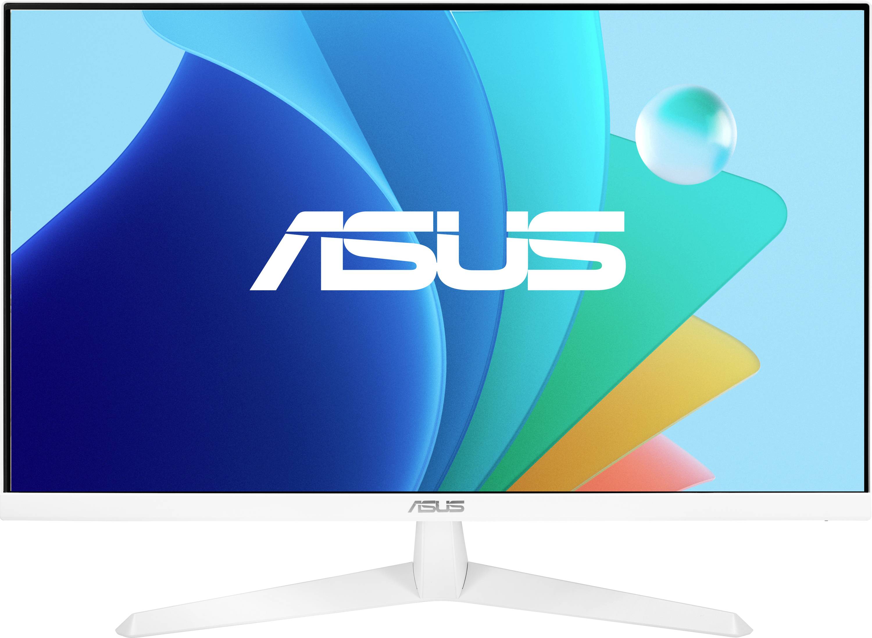 ASUS-Desktop-Monitor mit weißem Rahmen und Ständer, der ein buntes abstraktes Hintergrundbild mit dem ASUS-Logo auf dem Bildschirm anzeigt.