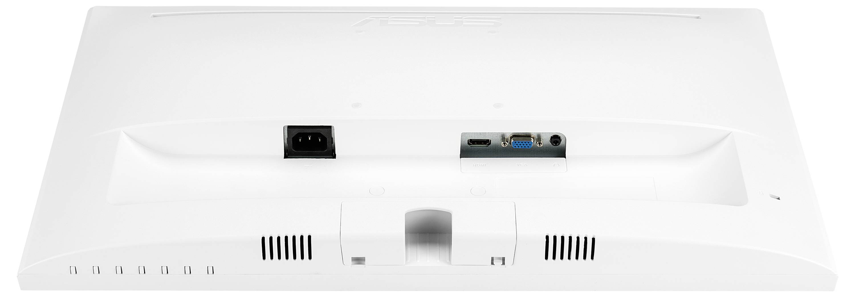 Rückansicht eines weißen All-in-One-Desktop-Computers mit Stromversorgungsanschluss, Video- und Audioanschlüssen, Belüftungsöffnungen und Standfuß.