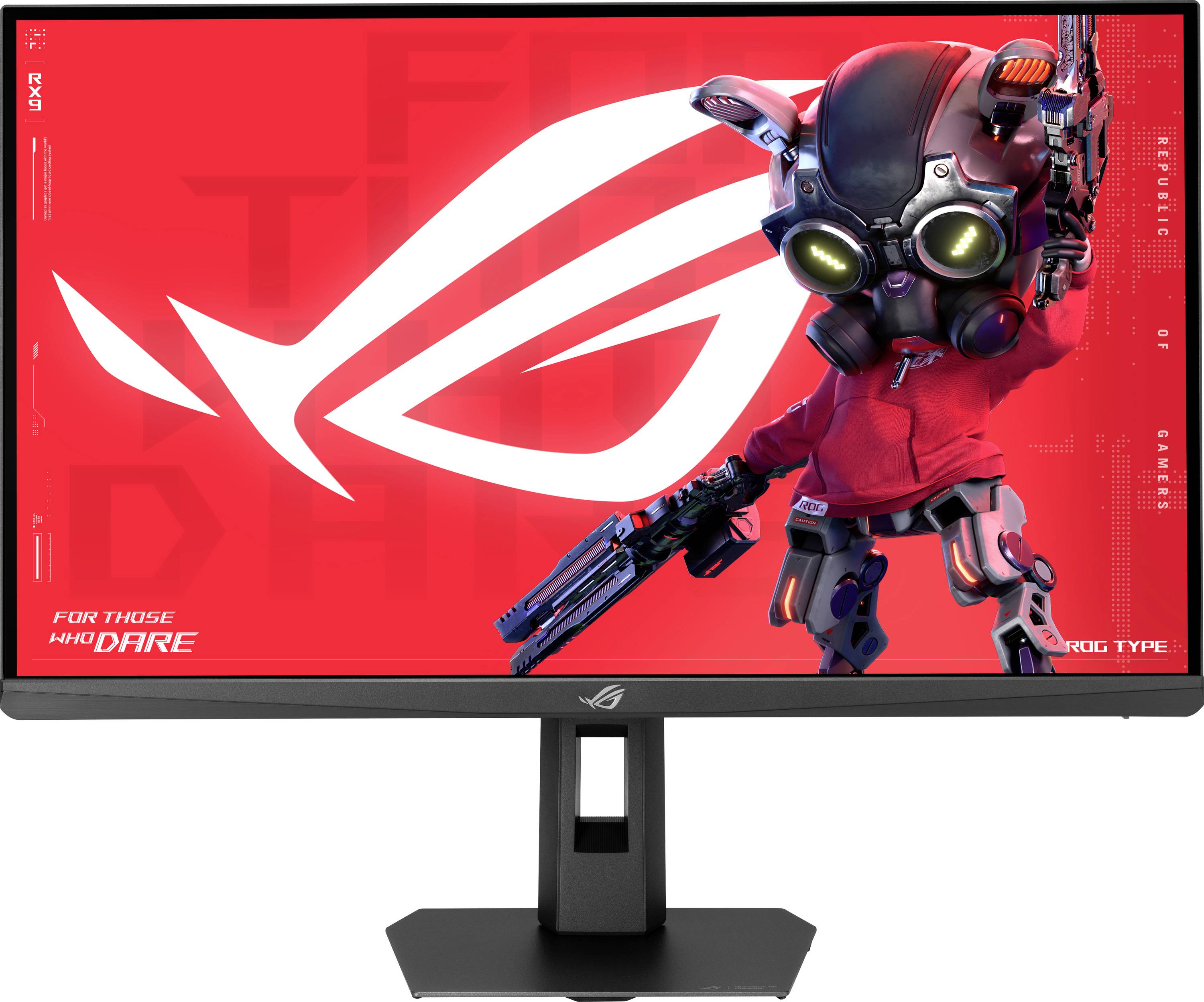 ROG-Gaming-Monitor, auf dem ein rotes Republic of Gamers-Logo und eine stilisierte Roboterfigur angezeigt werden, mit dem Text „For those who dare