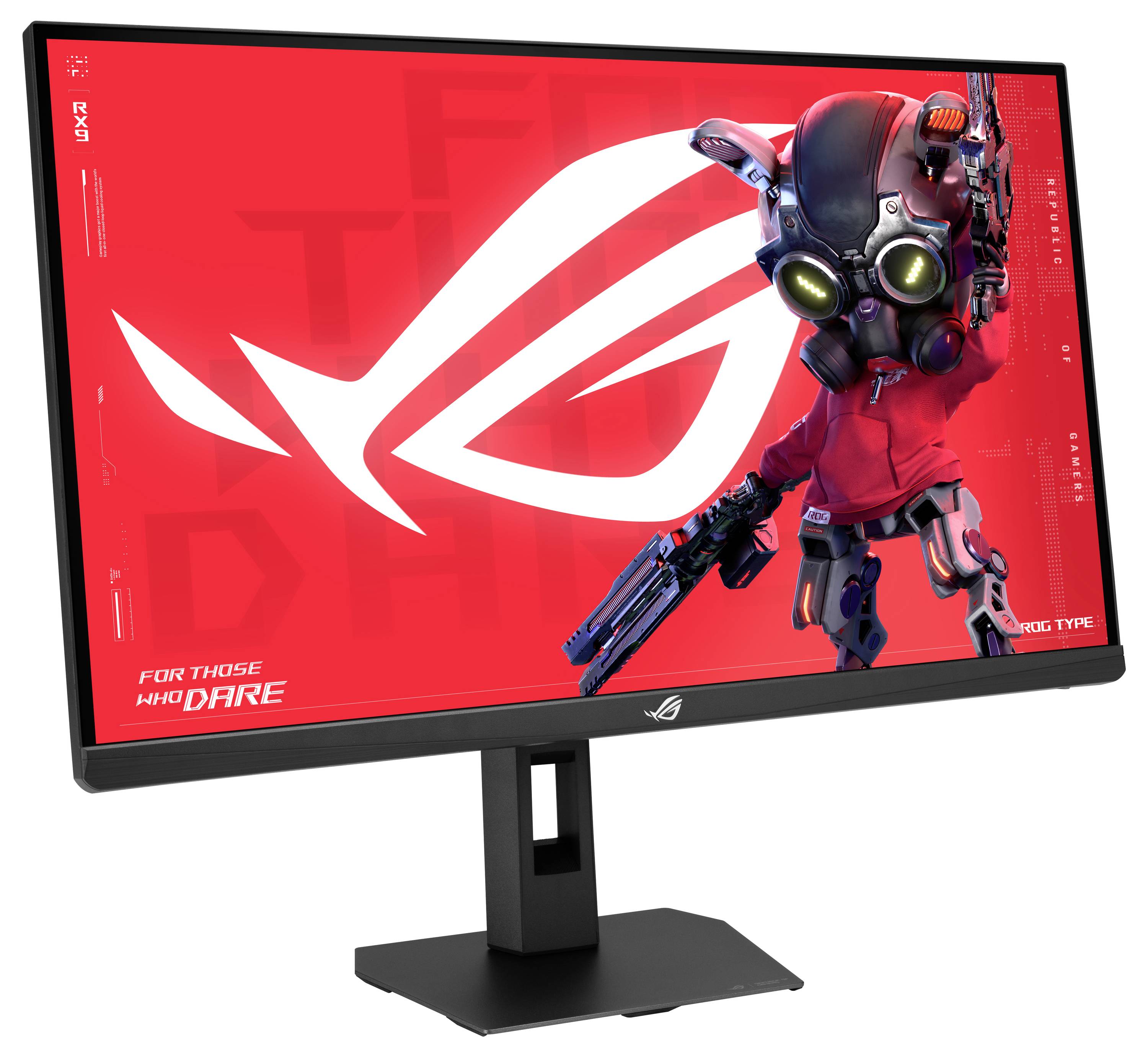 Gaming-Monitor zeigt einen roten ROG-Hintergrund mit einer Roboterfigur und dem Text 