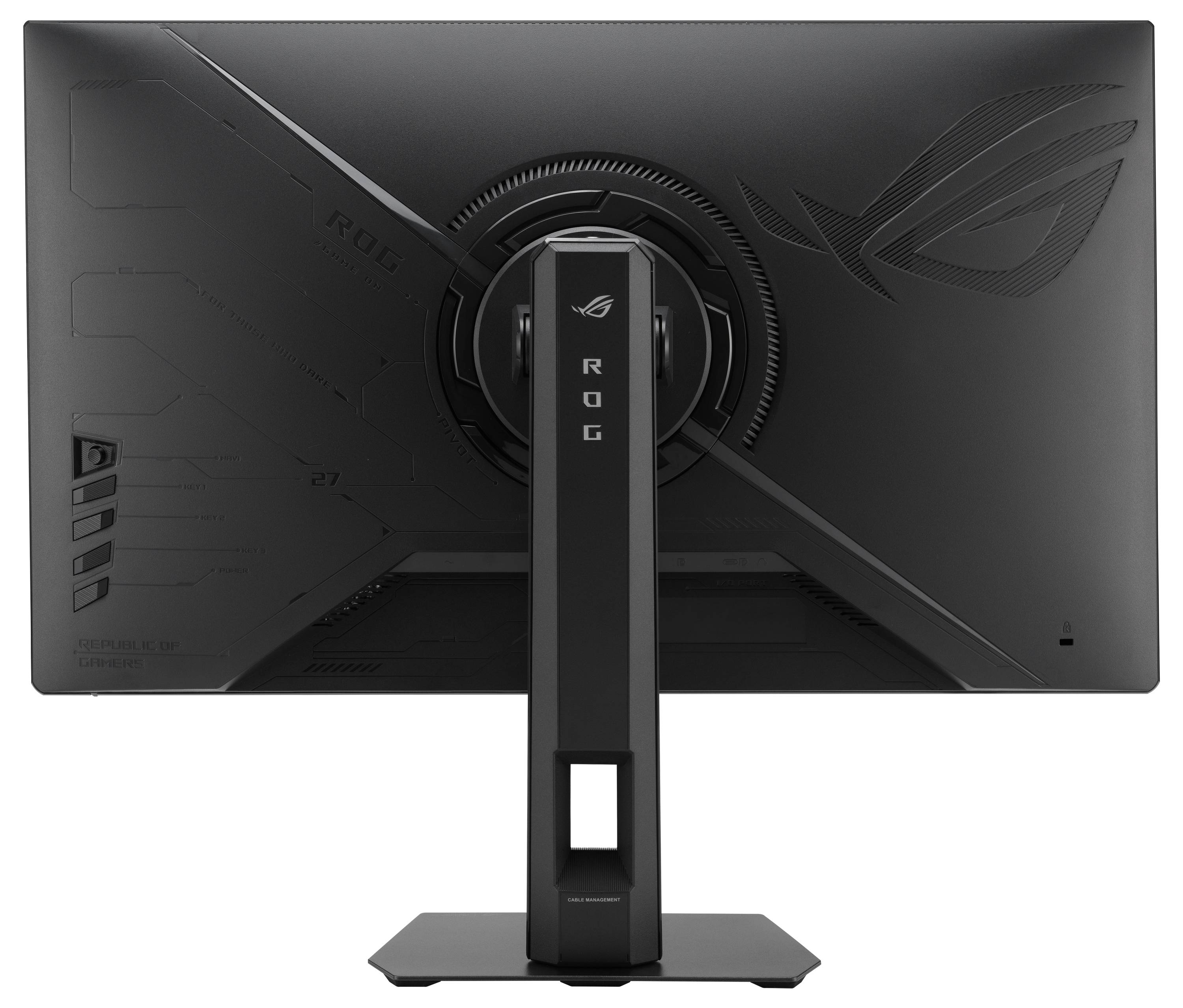 Rückansicht eines schwarzen ASUS ROG Gaming-Monitors auf einem Ständer, die das ROG-Logo und ein kantiges Science-Fiction-Design zeigen.
