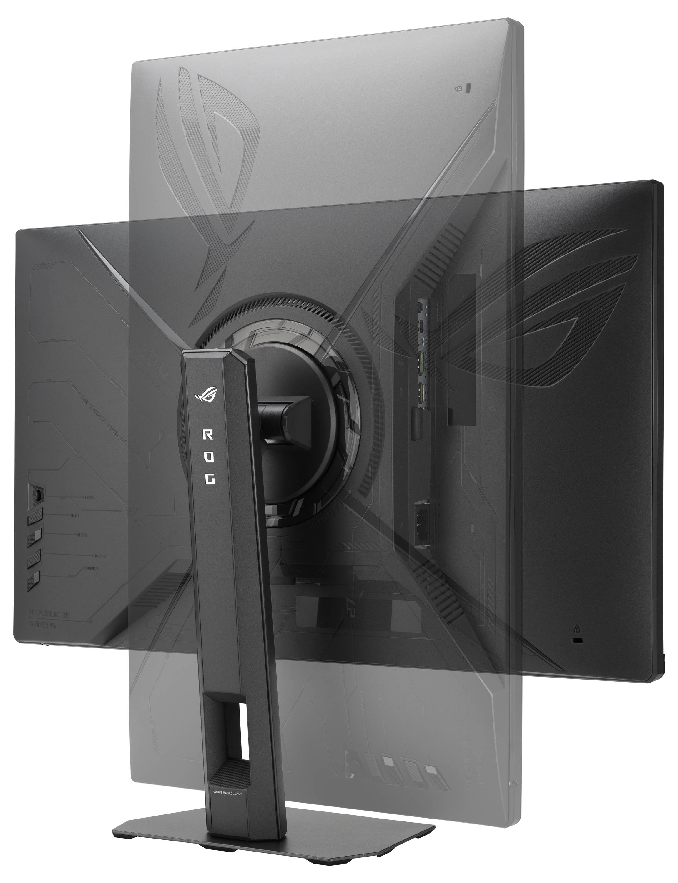 Rückansicht eines ROG-Desktop-Monitors auf einem Ständer, die die zentrale Halterung, den Kabelbereich und das eckige Design der Rückseite in Dunkelgrau und Schwarz zeigt.