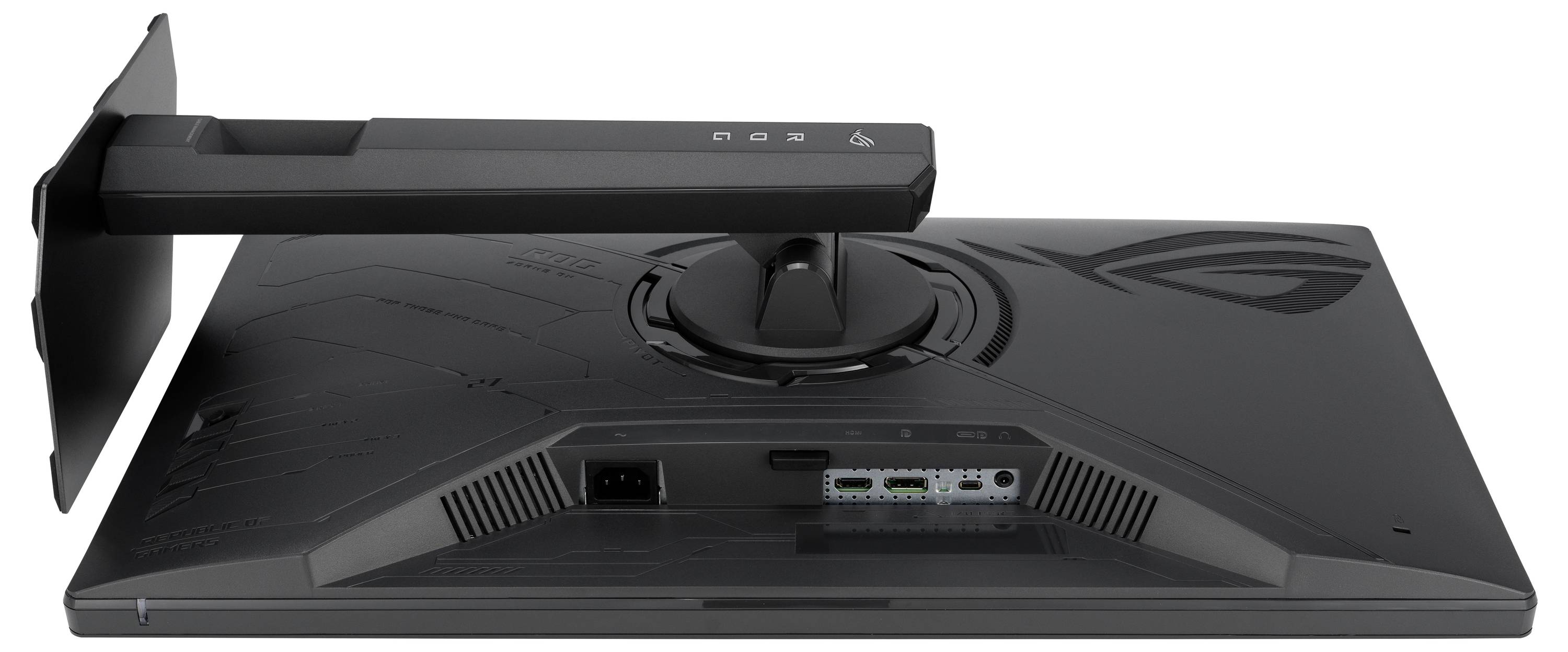 Rückansicht eines schwarzen All-in-One-Desktop-Computers mit großem Ständer, zeigt hintere Anschlüsse und Kabelverbindungen.