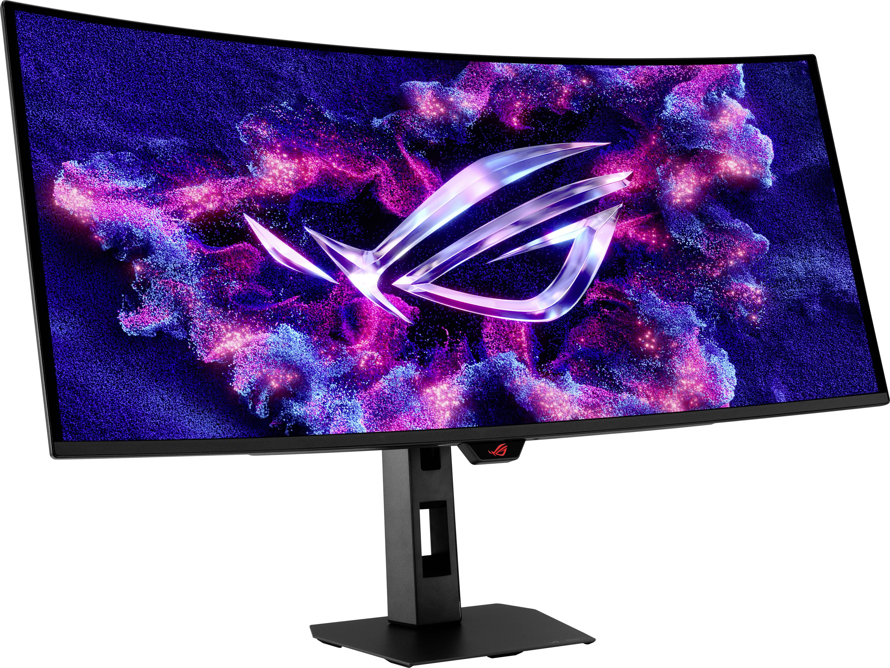Gekrümmter Gaming-Monitor auf einem Ständer, der das ROG-Logo über einem lebendigen kosmischen Hintergrund in Rosa, Lila und Blau anzeigt.