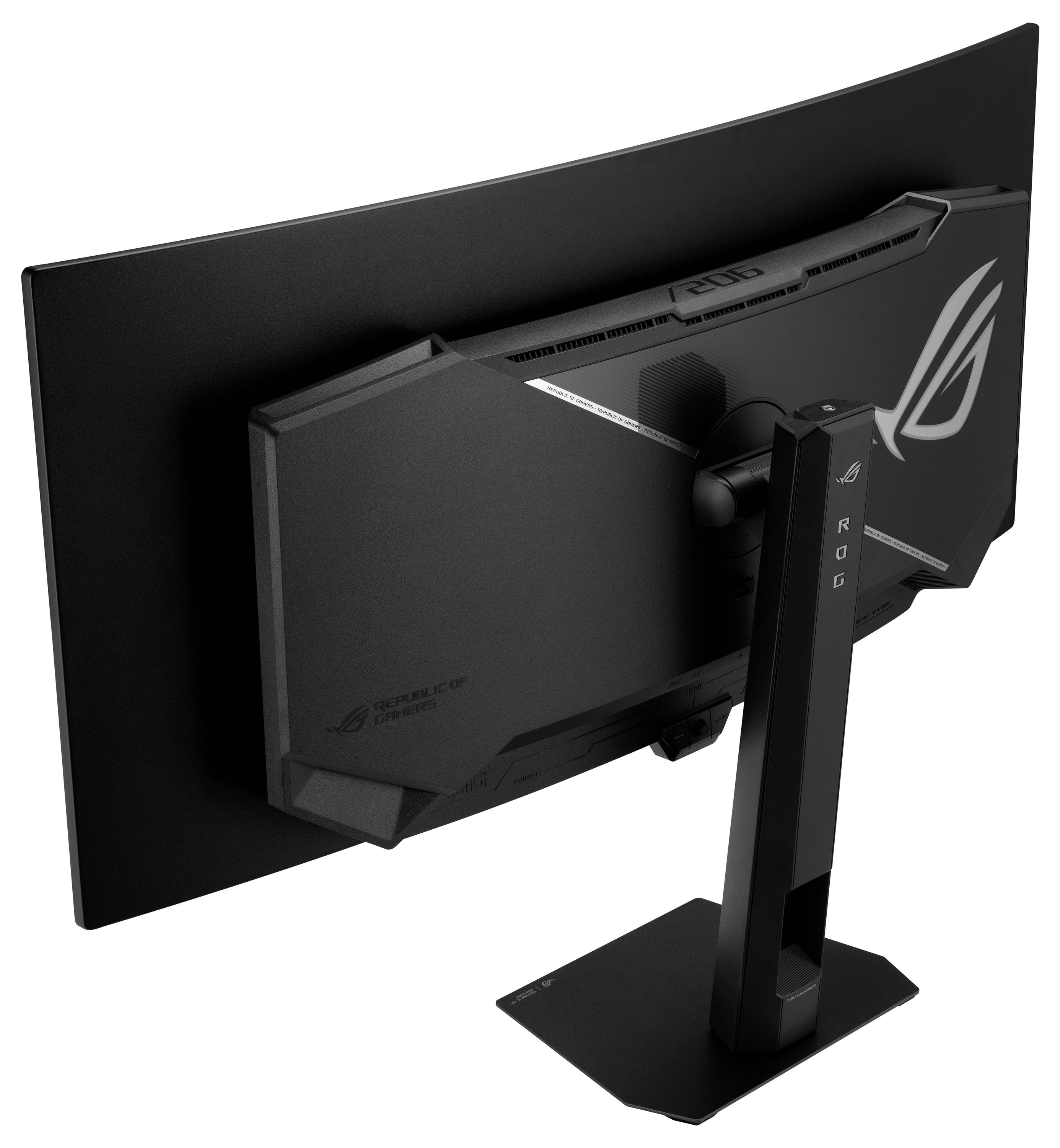 Rückansicht eines schwarzen ASUS ROG Gaming-Monitors auf einem Ständer, das Rückpaneel und das Logo zeigend.