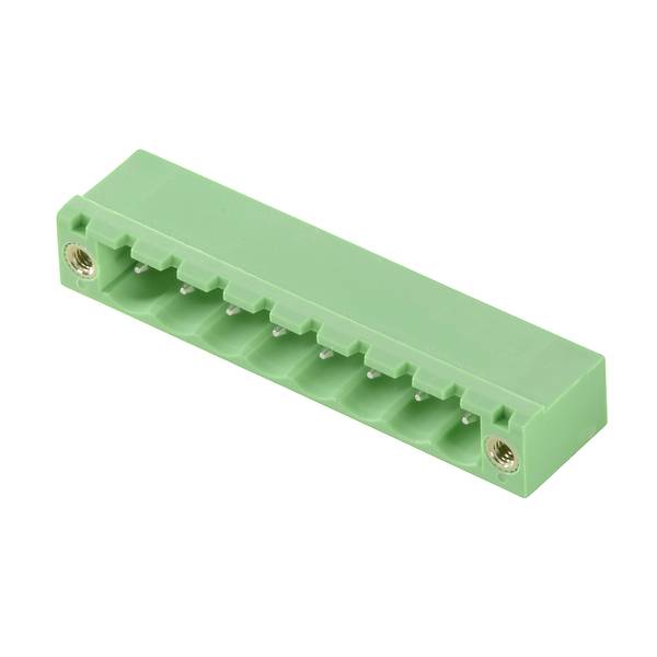 Grüner 8-poliger Schraubklemmblock-Stecker auf weißem Hintergrund, mit metallischen Schraubeneinsätzen an beiden Enden.