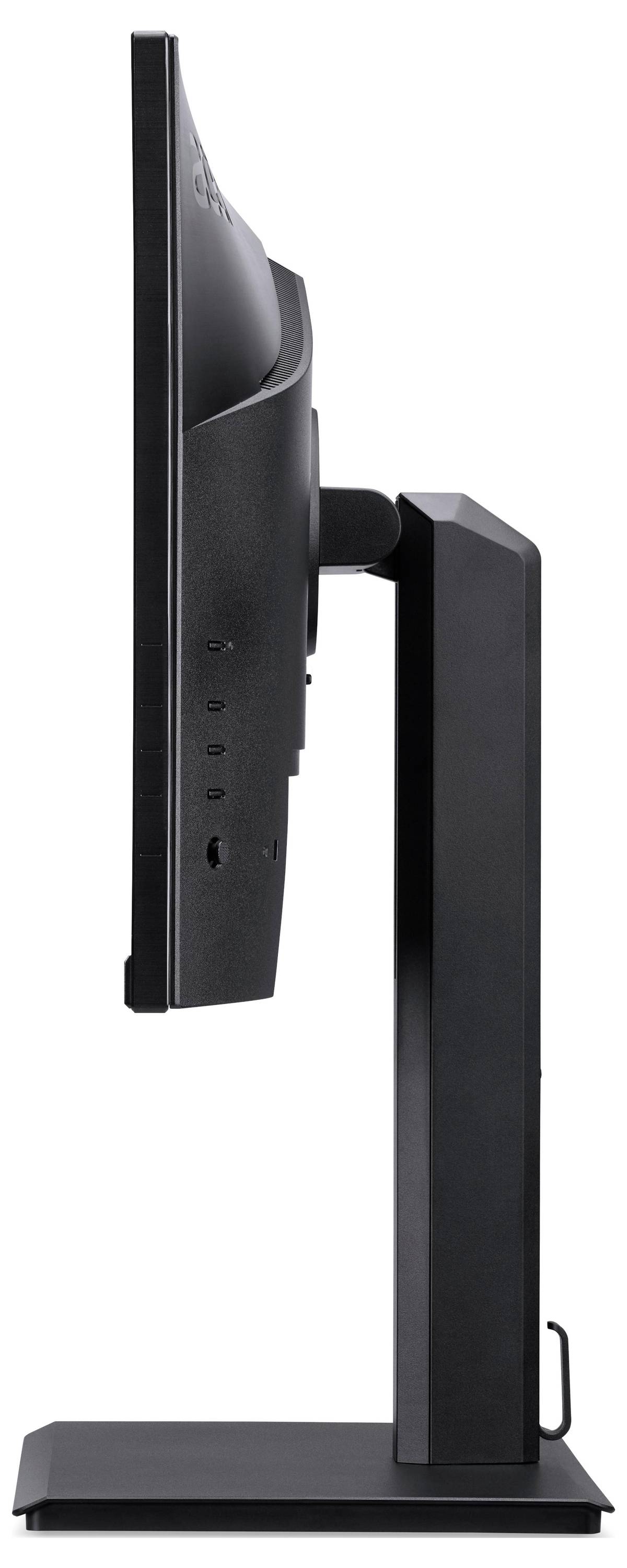 Seitenansicht eines schwarzen Monitors auf einem hohen verstellbaren Ständer mit rechteckiger Basis.