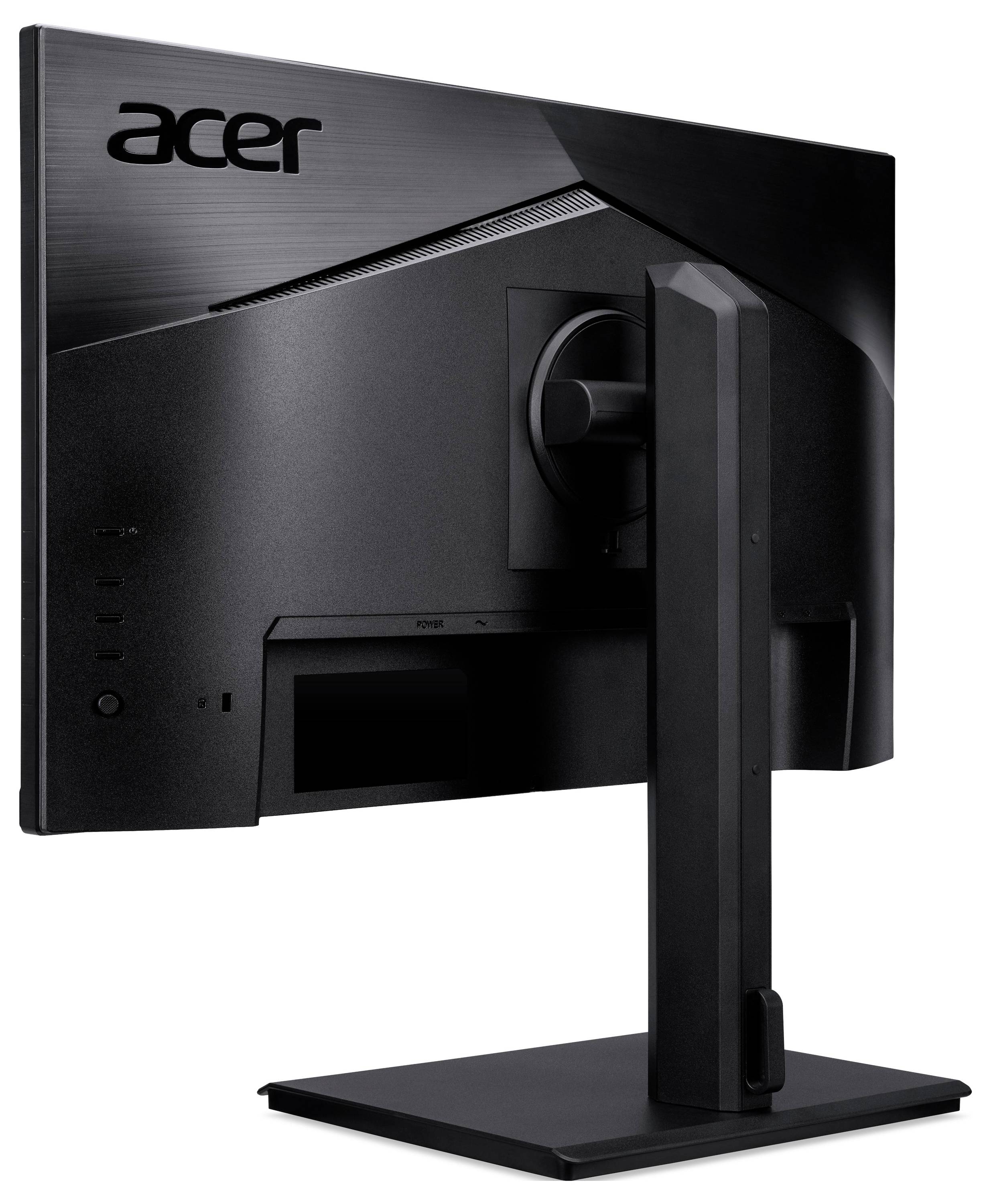 Rückansicht eines schwarzen Acer-Desktop-Monitors auf einem Ständer, die das Rückenschildchen und die verstellbare Halterung zeigt.