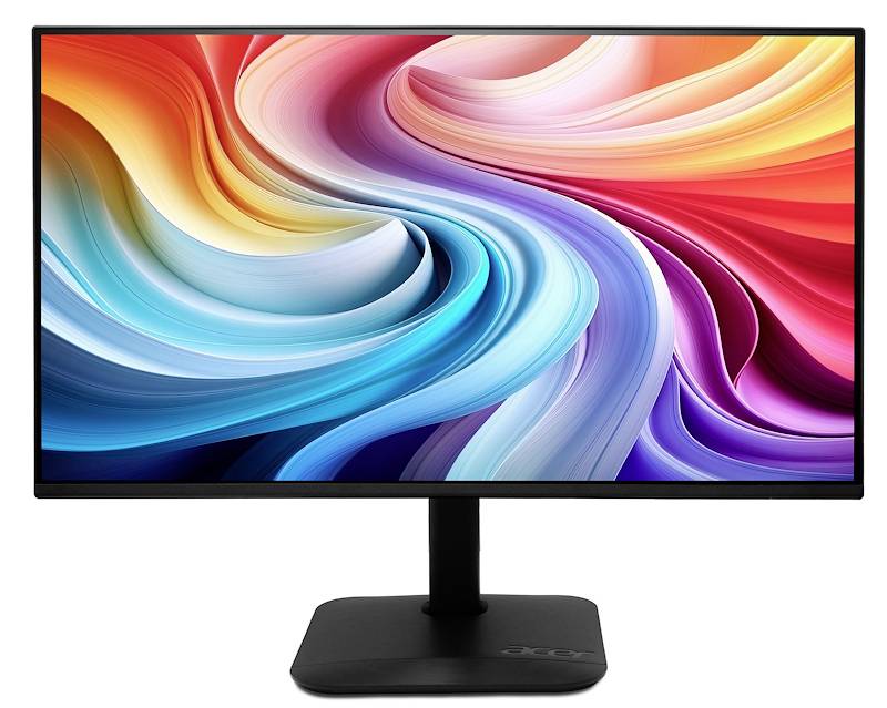 Ein Computermonitor zeigt ein farbenfrohe abstrakte Wirbel-Tapete auf weißem Hintergrund an.