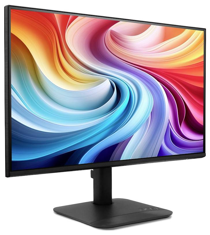 Ein schwarzer Desktop-Monitor mit einem bunten abstrakten Wirbel-Hintergrundbild auf einem Ständer vor weißem Hintergrund.