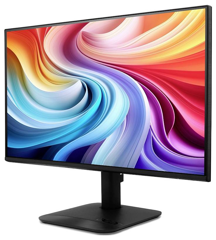 Ein moderner Flachbildschirm-Computermonitor auf einem Ständer, der eine farbenfrohe abstrakte Wirbeltapete anzeigt.