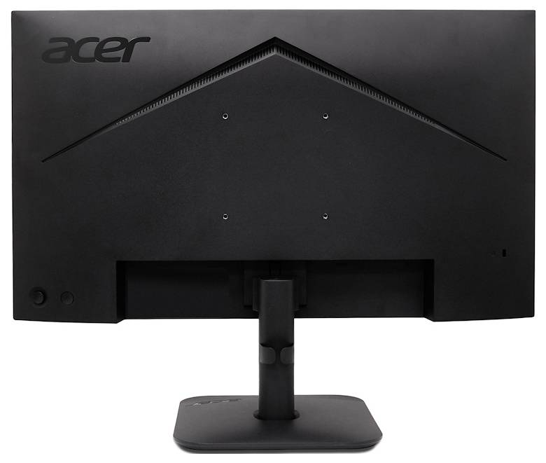 Rückansicht eines schwarzen Acer-Computermonitors auf einem Ständer, der die Rückseite, Montagelöcher und den Kabelbereich auf weißem Hintergrund zeigt.