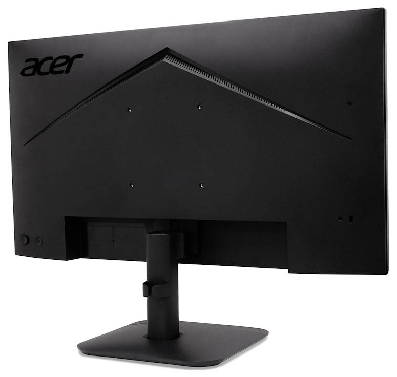 Rückansicht eines schwarzen Acer-Monitors auf einem Ständer, der die Rückwand und die Basis vor weißem Hintergrund zeigt.