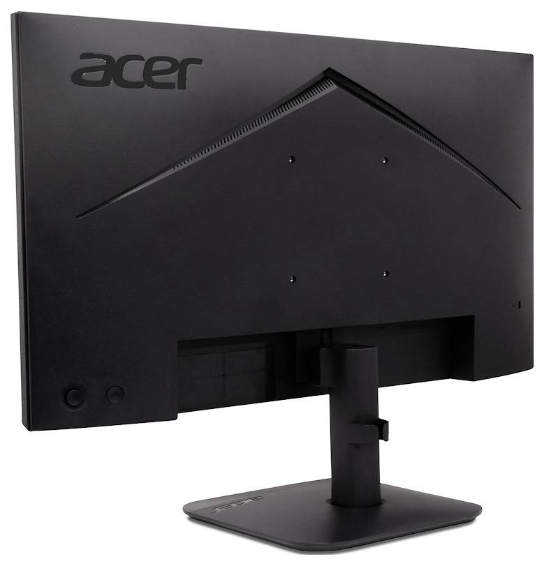 Rückansicht eines schwarzen Acer-Desktop-Monitors auf einem Ständer, der die Rückseite und das Logo zeigt.
