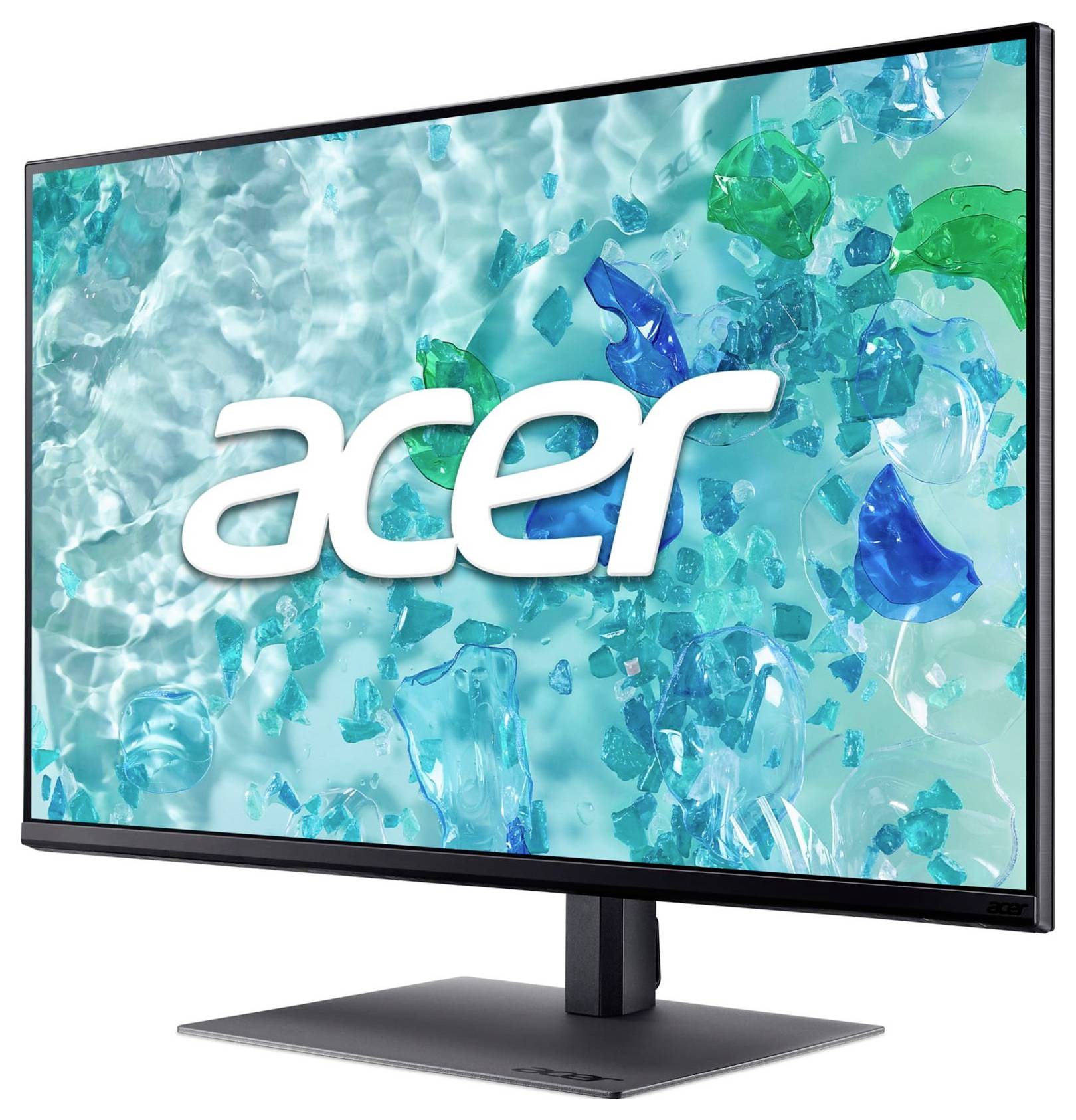 Acer Flachbildschirm-Monitor mit schwarzem Ständer, gezeigt auf weißem Hintergrund mit türkisfarbenem abstraktem Display und Acer-Logo auf dem Bildschirm.