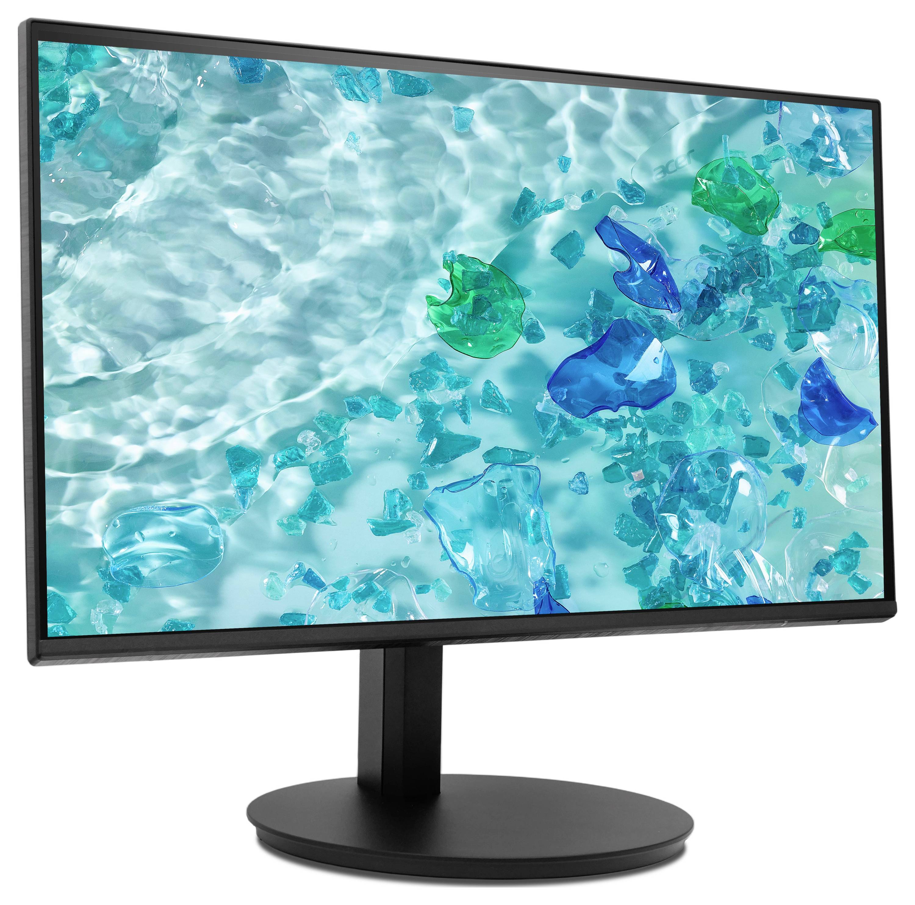 Flachbildschirm-Monitor mit abstrakten blaugrünen, wasserähnlichen Grafiken auf schwarzem Standfuß.