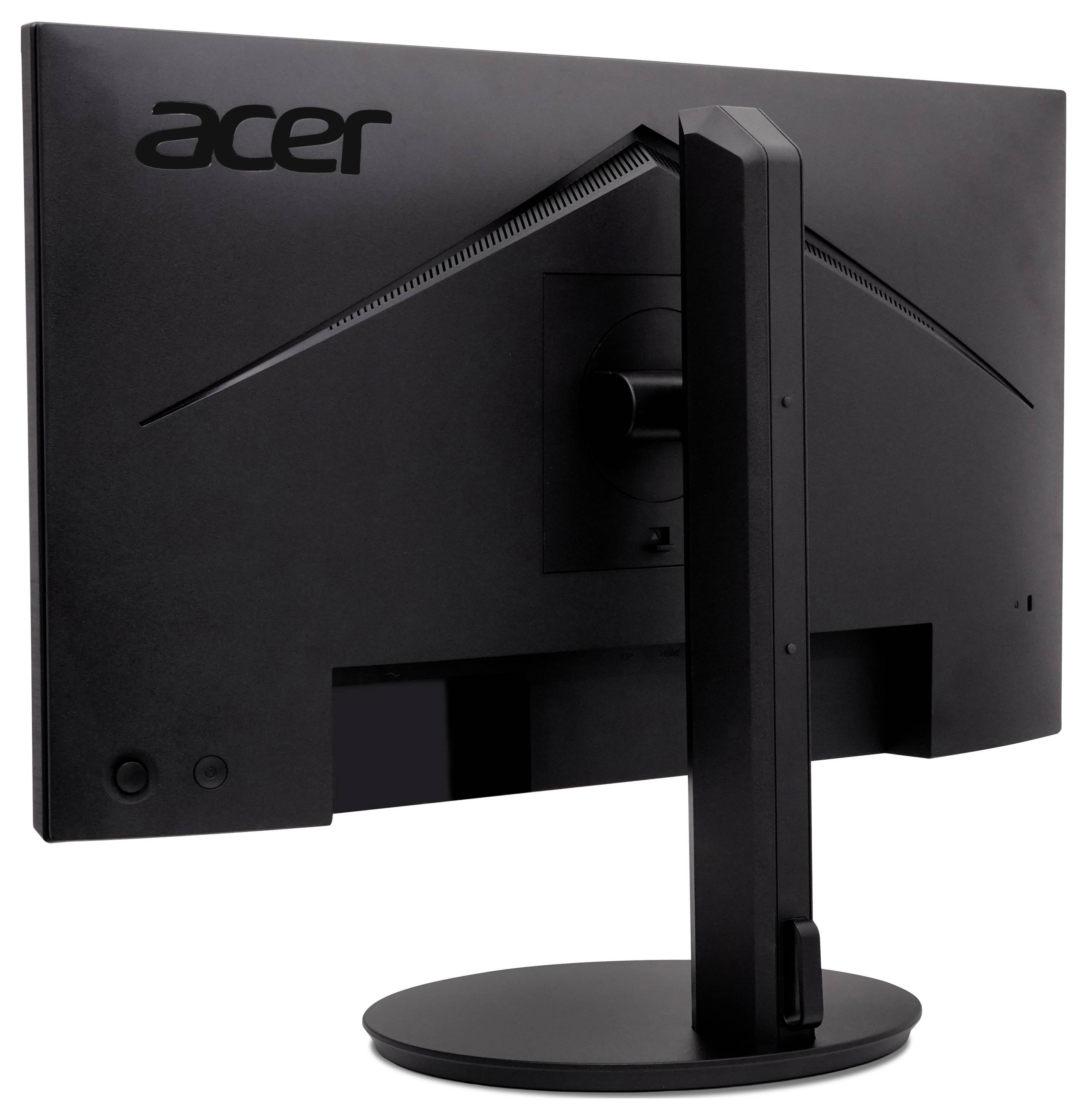 Rückansicht eines schwarzen Acer-Desktop-Monitors auf einem runden Ständer, die das Markenlogo und die Kabelanschlüsse zeigt.