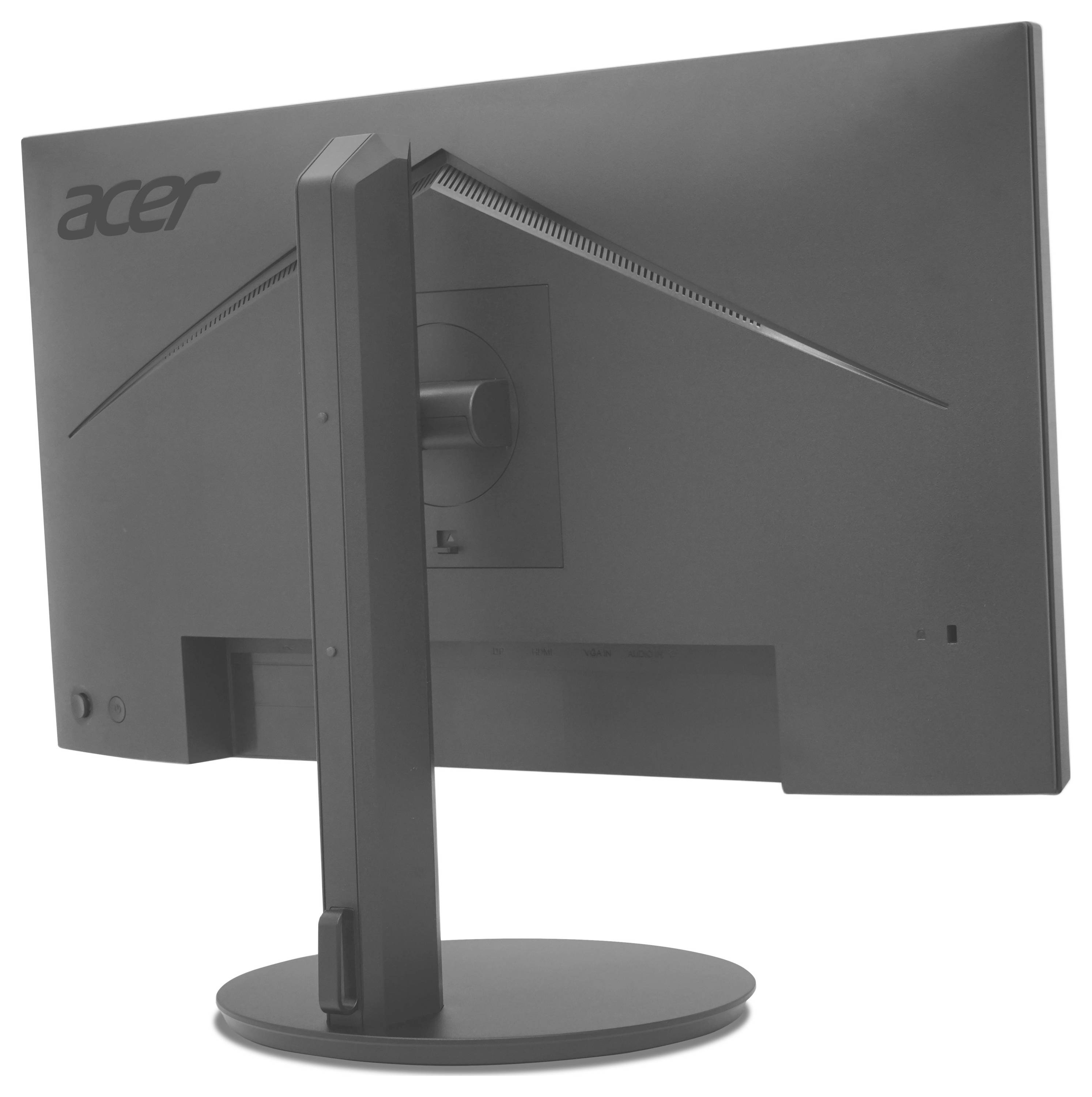 Rückansicht eines Acer-Desktop-Monitors auf einem runden Ständer, die das Rückblech, die zentrale Halterung und den Kabelanschlussbereich zeigt.