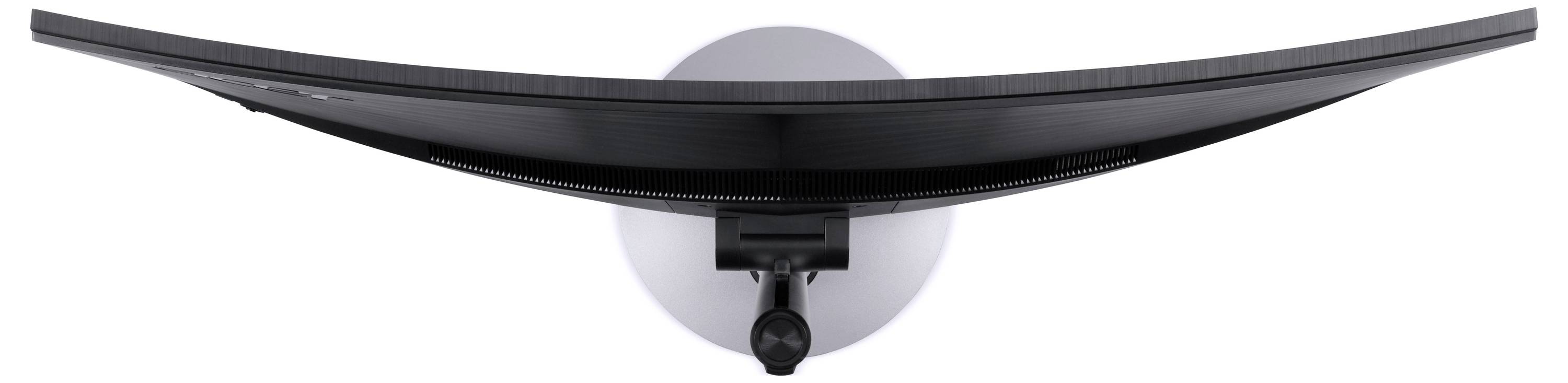 Schwarzer Breitbildmonitor von hinten betrachtet, an einer Wand oder einem Ständer montiert, mit Kabeln, die darunter herunterhängen.