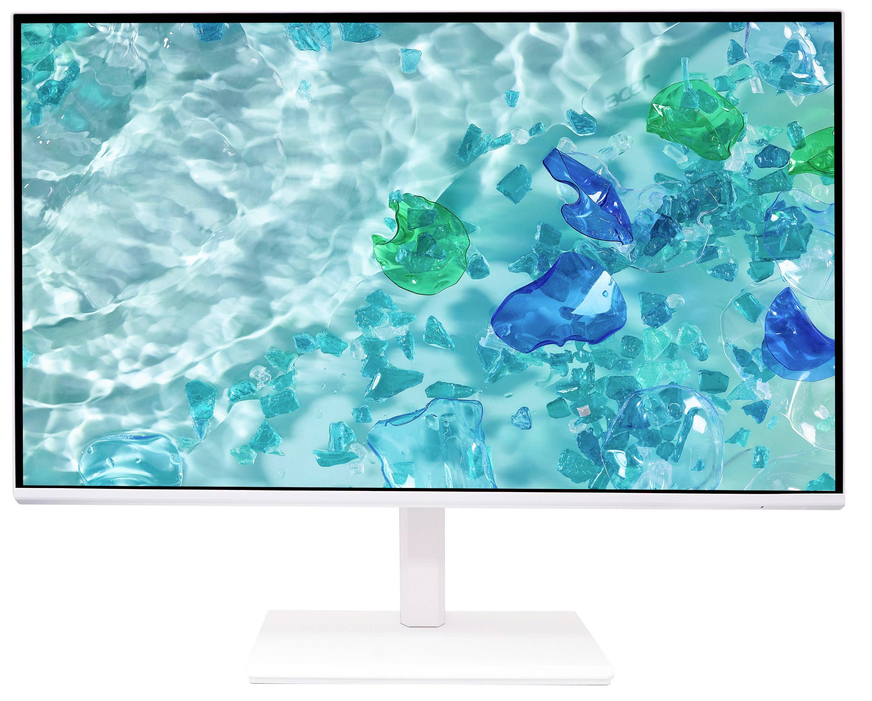 Flachbildschirm-Monitor mit abstraktem türkisfarbenem wassernächstem Muster mit blauen und grünen durchsichtigen Formen.