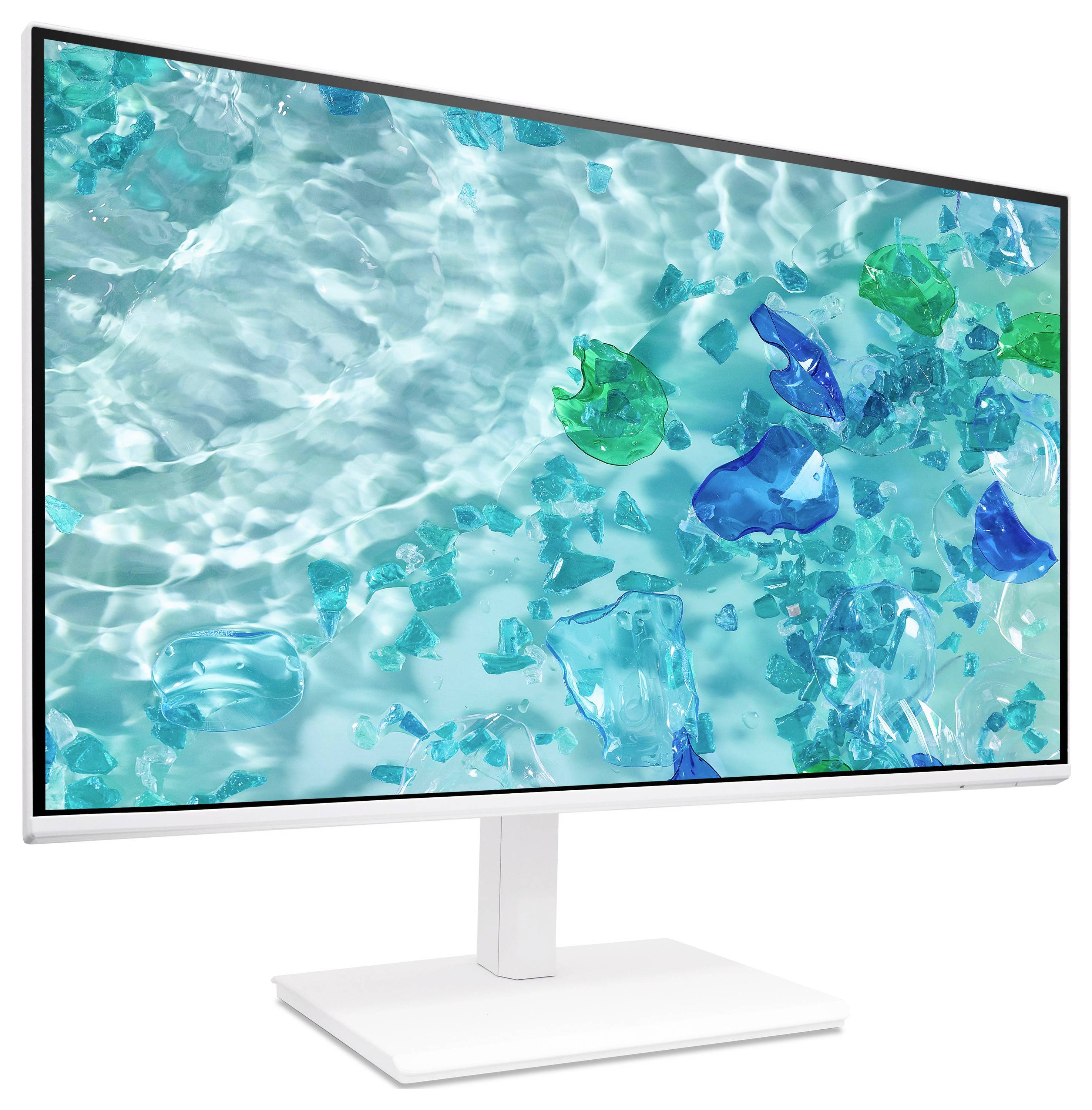 Weißer Monitor mit einem abstrakten, türkisfarbenem, wasserähnlichen Bild und blauen sowie grünen durchscheinenden Formen.