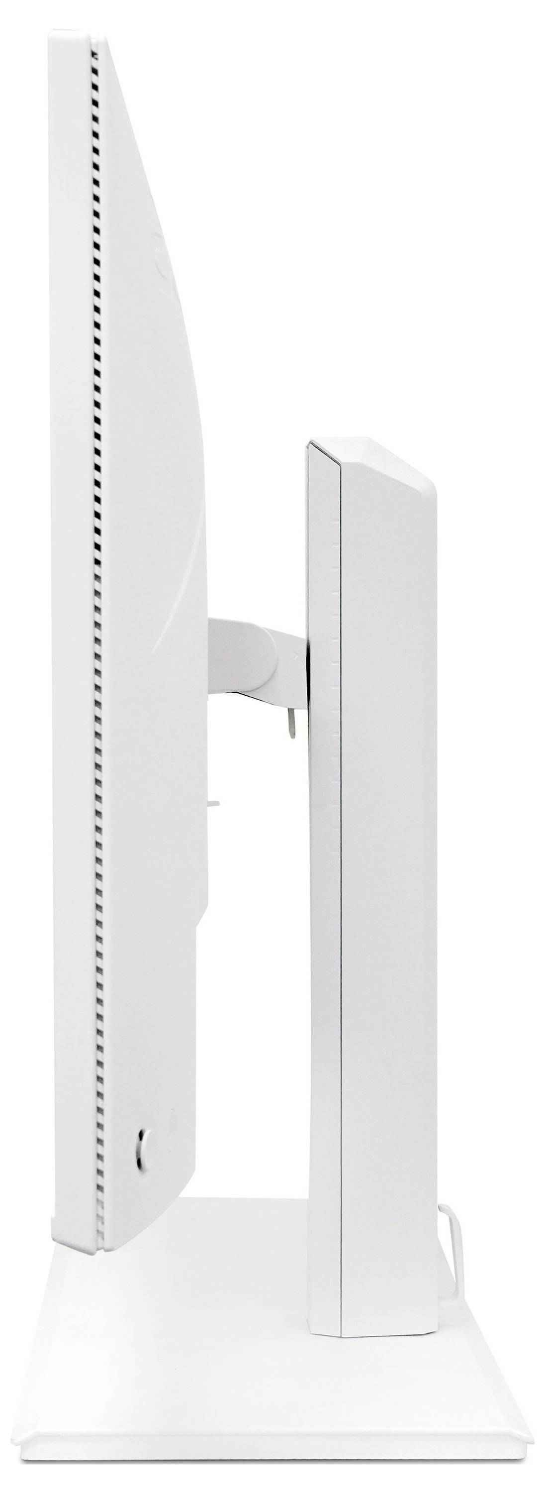 Seitenansicht eines weißen All-in-One-Desktop-Computers mit einem schlanken Monitor, der auf einem Ständer mit passender weißer Basis befestigt ist.