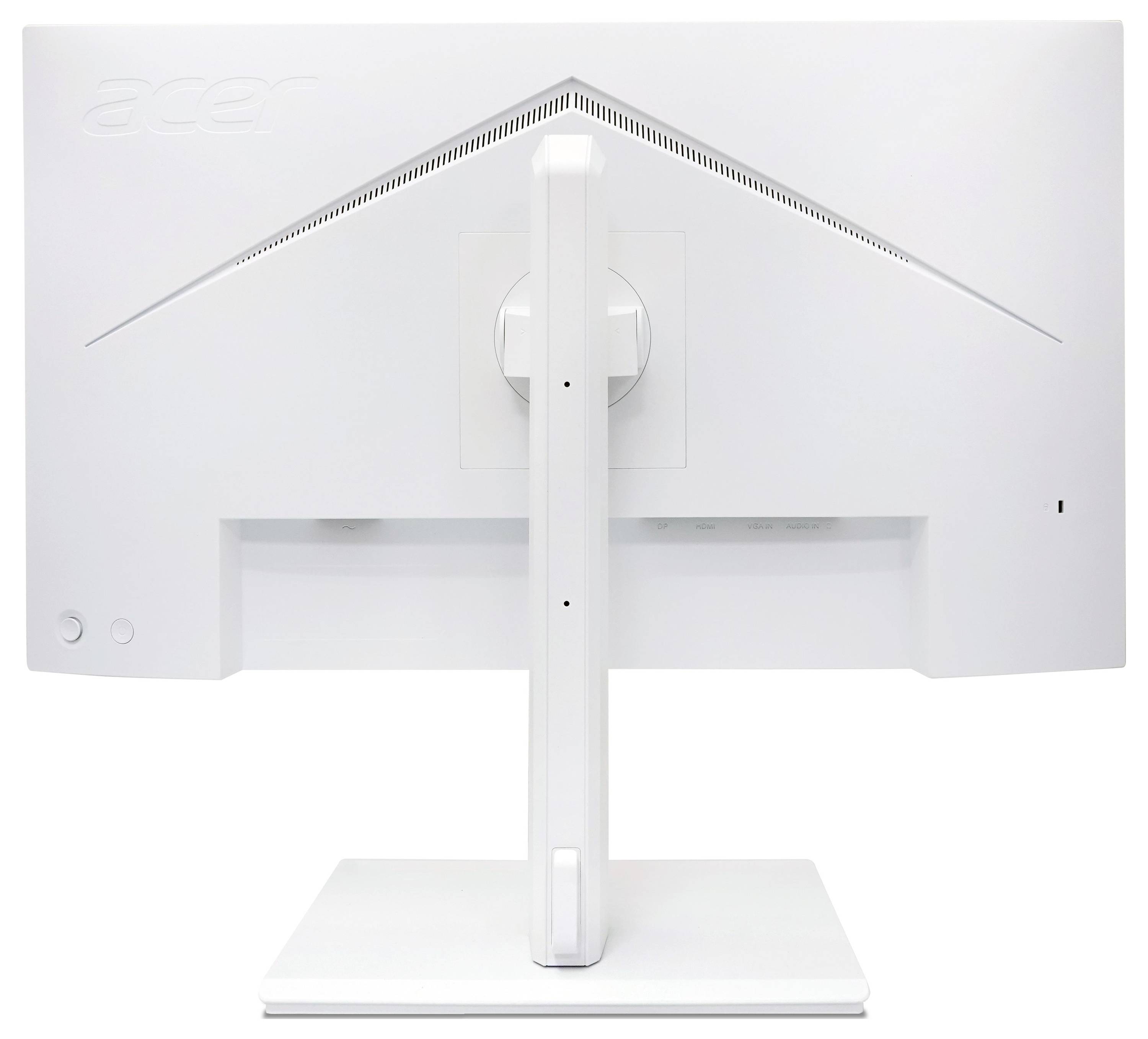 Rückansicht eines weißen Acer-Monitors auf einem rechteckigen Ständer, der die zentrale Stütze und die Kabelöffnung zeigt.