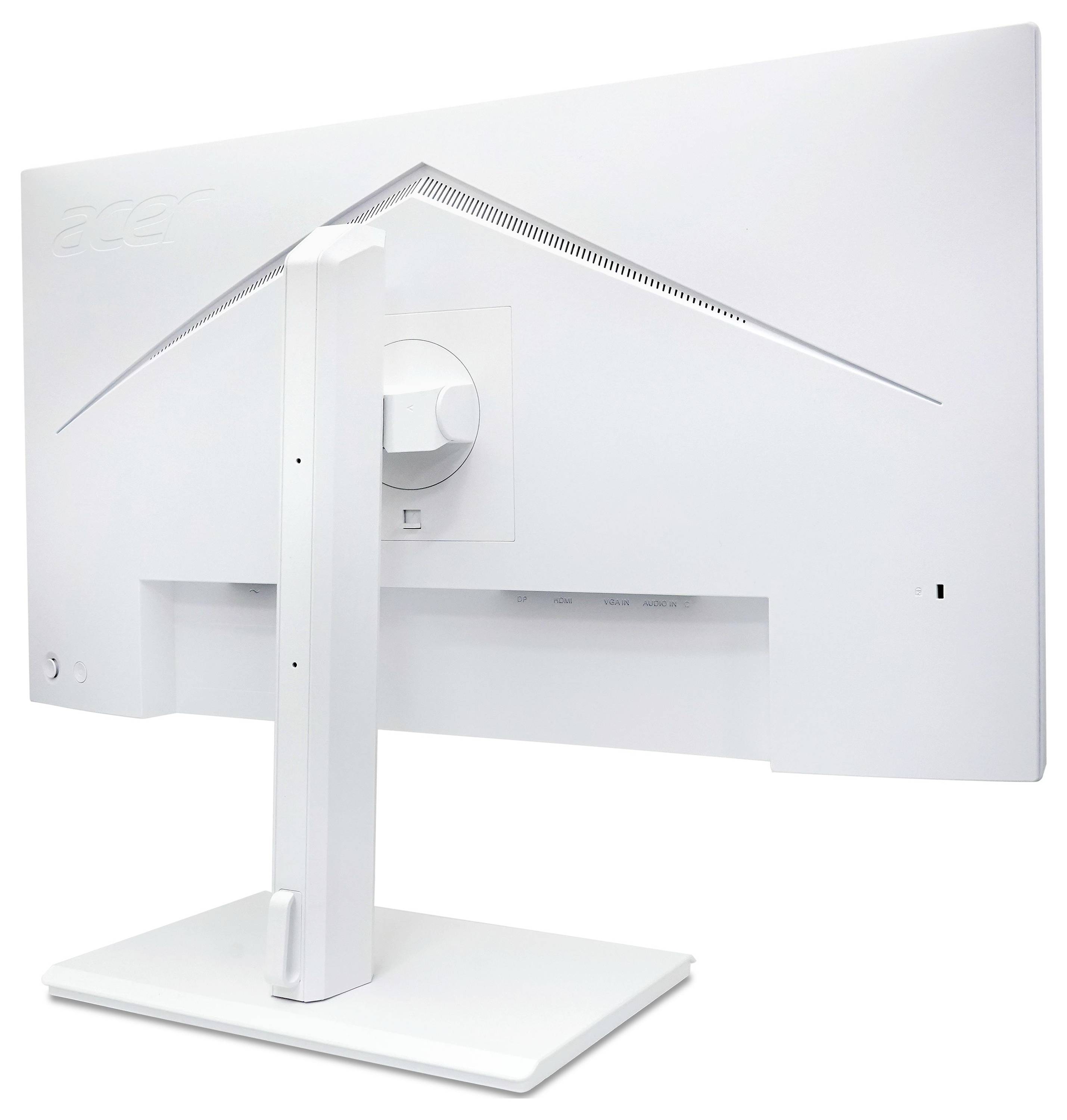 Weißer Acer-Desktopmonitor von hinten auf einem Ständer gezeigt, mit schlankem eckigem Design und zentralem Kabelmanagement-Ausschnitt.