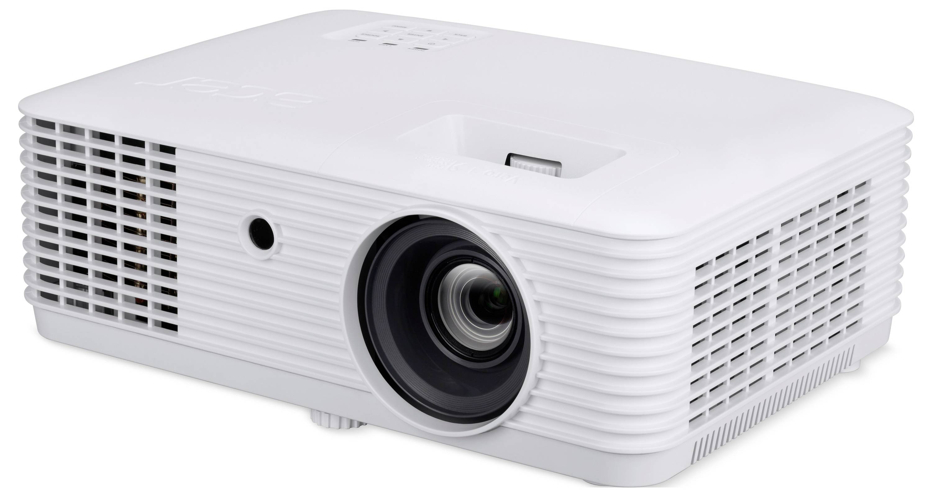 Weißer rechteckiger Multimediaprojector von vorne-links gezeigt, mit zentralem Objektiv, Lüftungsgittern und glatter gerippter Gehäuseverkleidung auf weißem Hintergrund