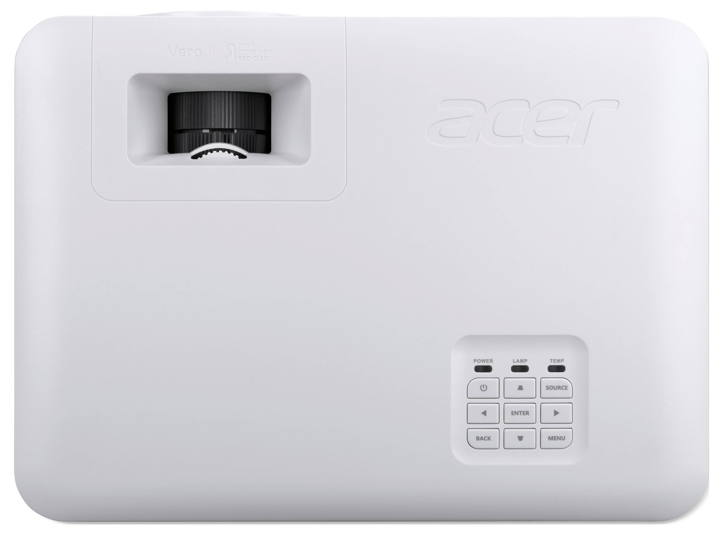 Weißer Acer-Projektor mit in der oberen linken Ecke eingelassener Linse und kleinem Bedienfeld mit Tasten in der unteren rechten Ecke auf der Oberseite.