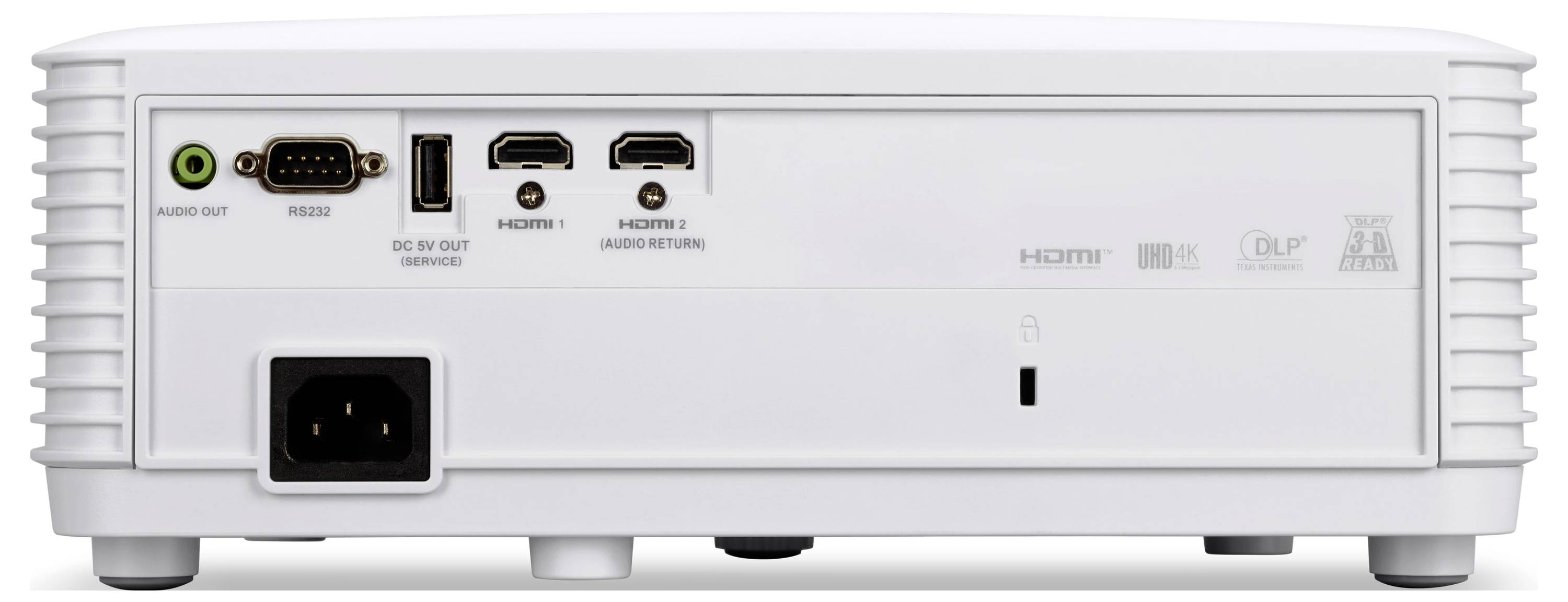 Rückansicht eines weißen Projektors mit Anschlüssen und Verbindungen: Audio-Ausgang, RS-232, USB-Service, zwei HDMI-Eingänge, Stromanschluss und Statusleuchte.