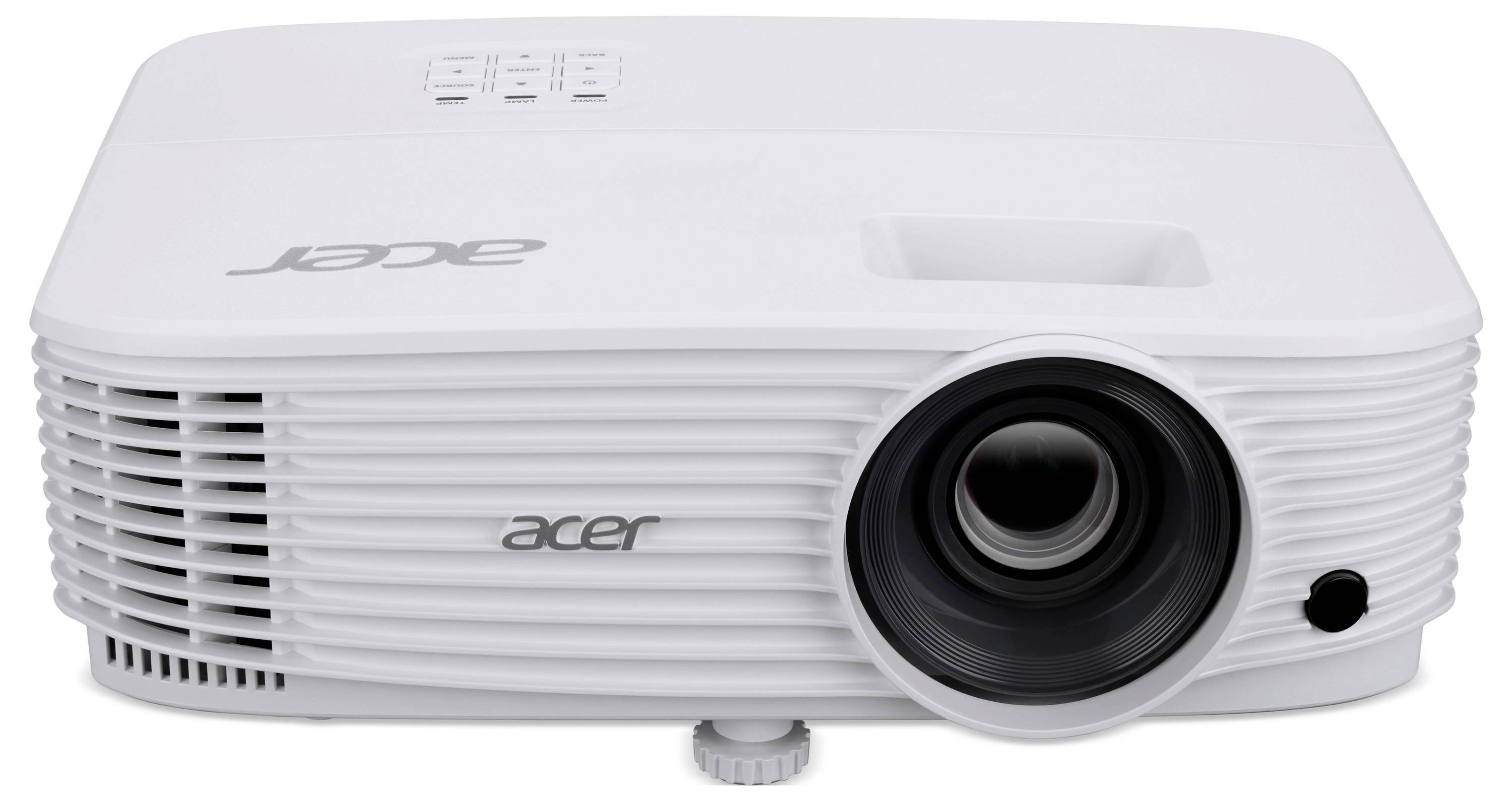 Weißer Acer-Projektor von vorne dargestellt mit Objektiv auf der rechten Seite und Lüftungsgitter auf der linken Seite.